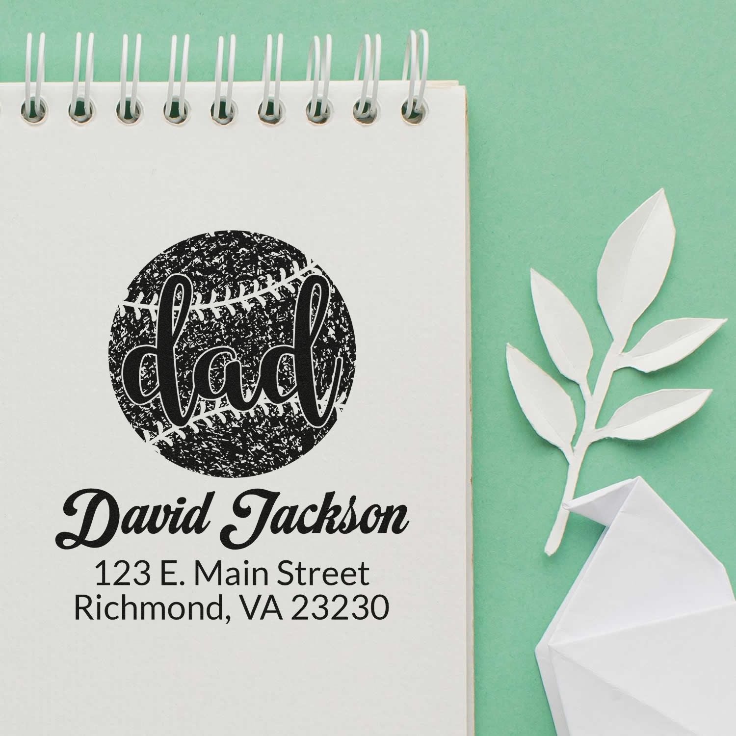 Custom dad address rubber stamp with baseball design, name, and mailing details for personalized stationery.