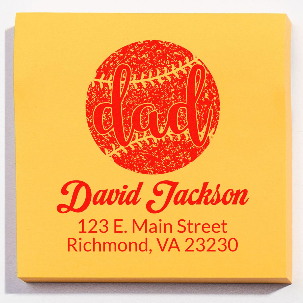 Custom rubber stamp design for dad with baseball graphic, David Jackson name, and Richmond, VA address on yellow pad.