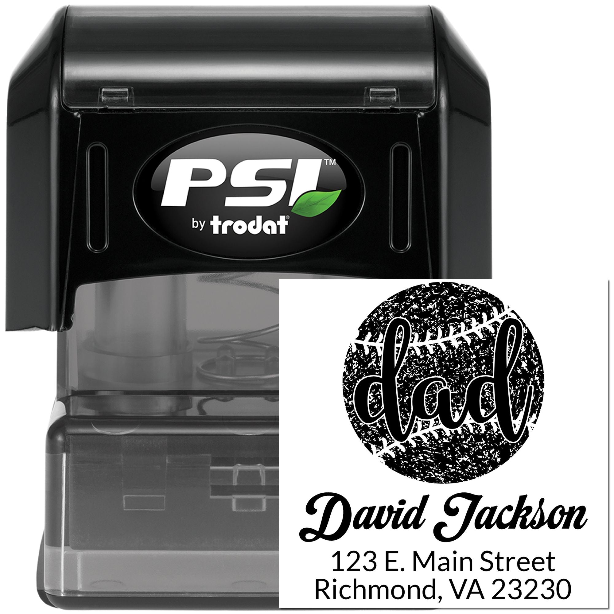 Custom self-inking rubber stamp with Dad design, personalized address imprint, PSI by Trodat for home or office use.