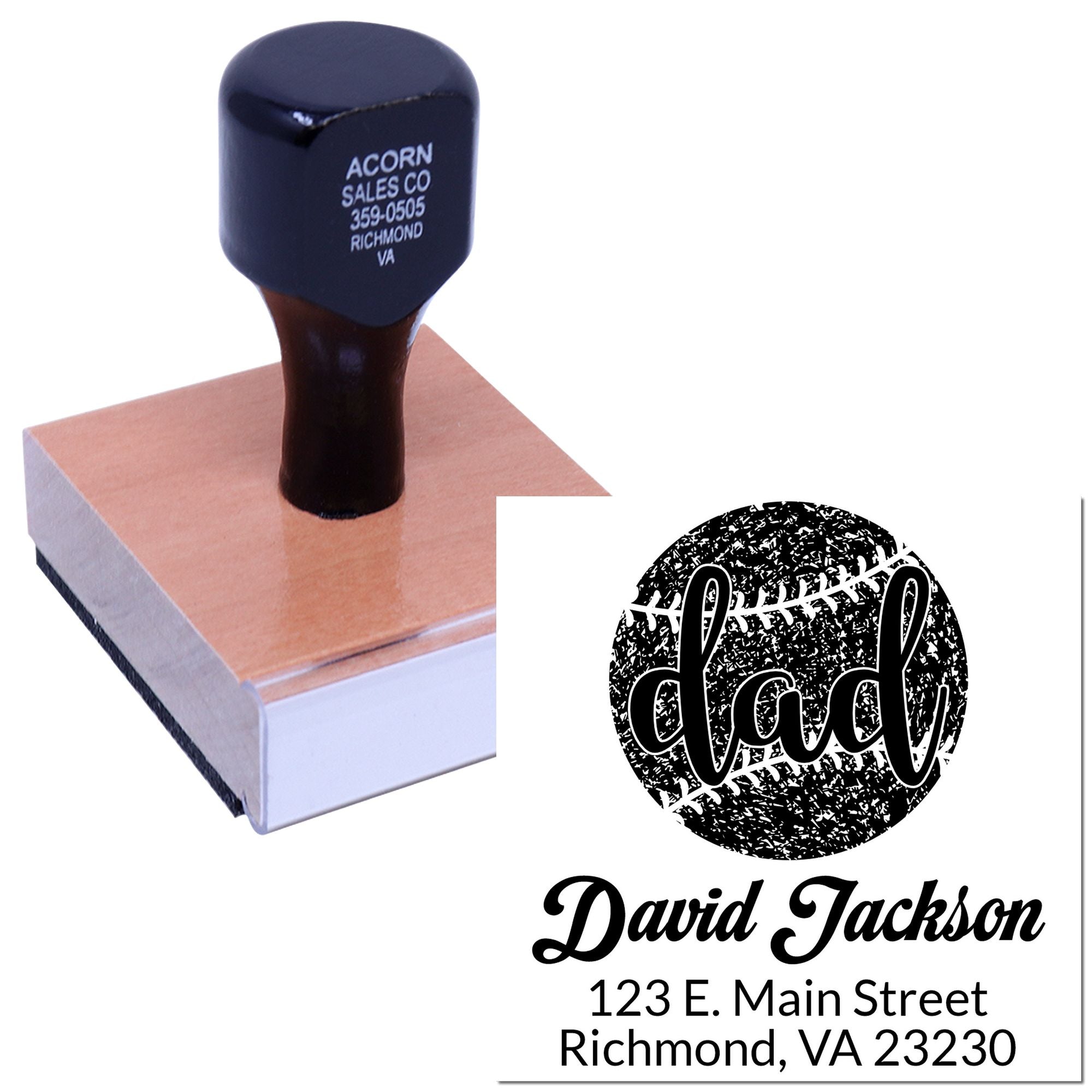 Custom baseball dad return address rubber stamp with personalized name and Richmond, VA address.