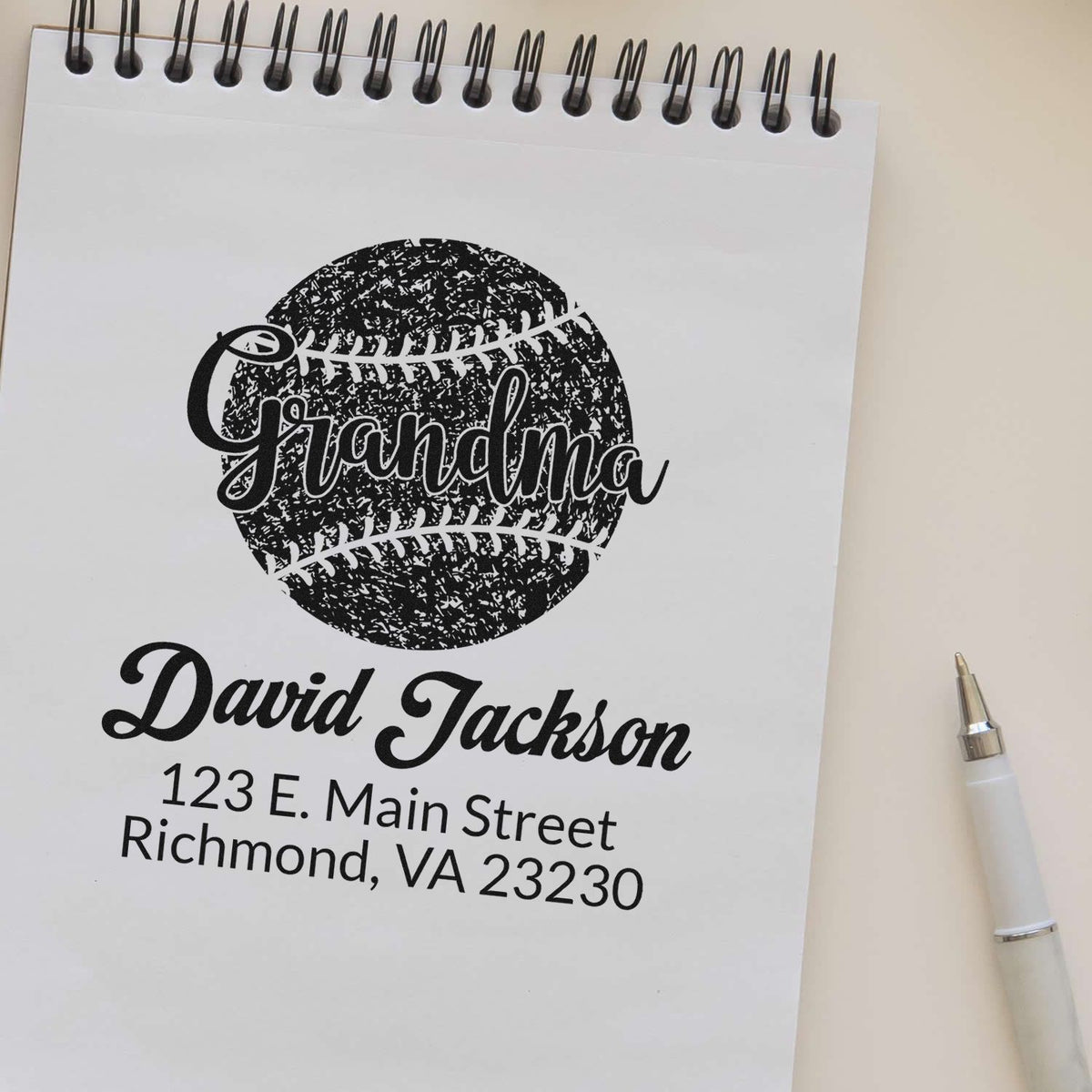 Custom rubber stamp proof for Grandma with baseball design, personalized name, and return address for cards and gifts.