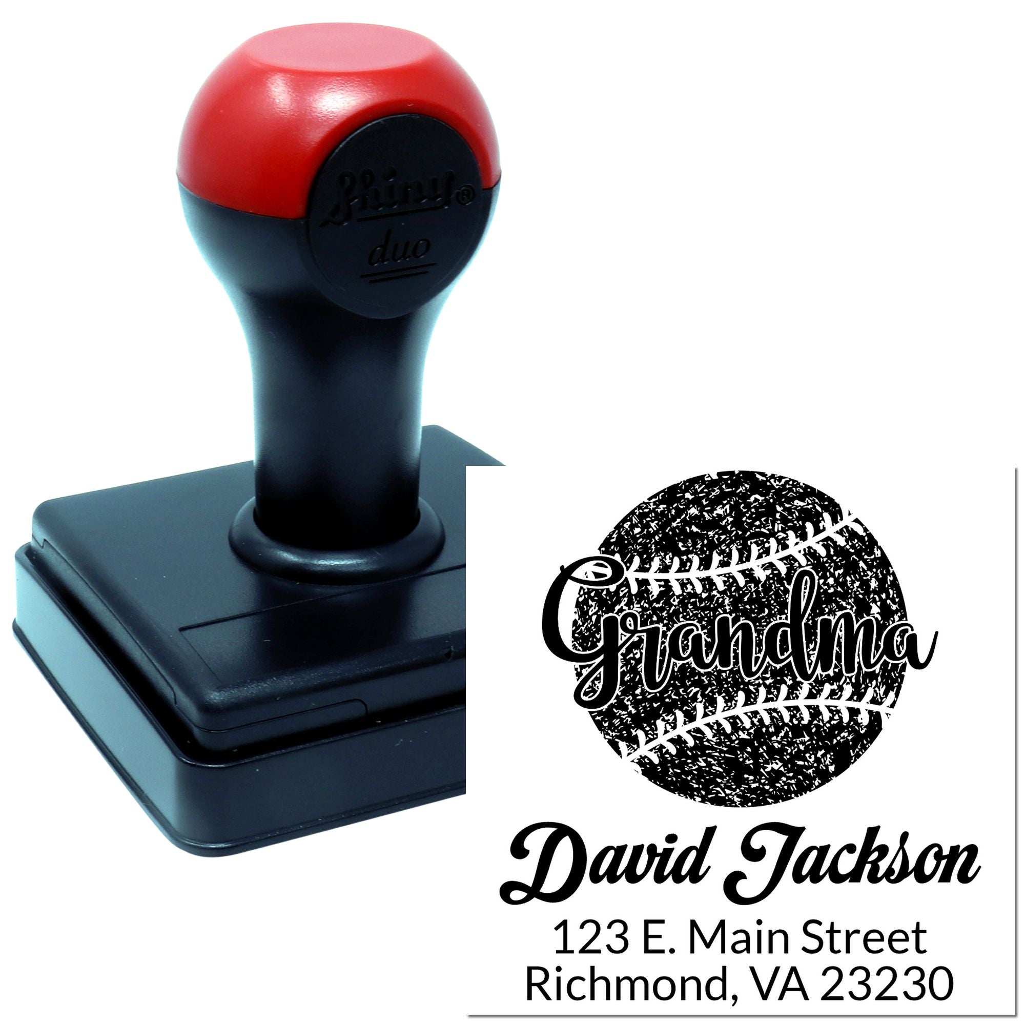 Personalized baseball grandpa rubber stamp, self-inking with name and address for custom envelopes, cards, and crafts.