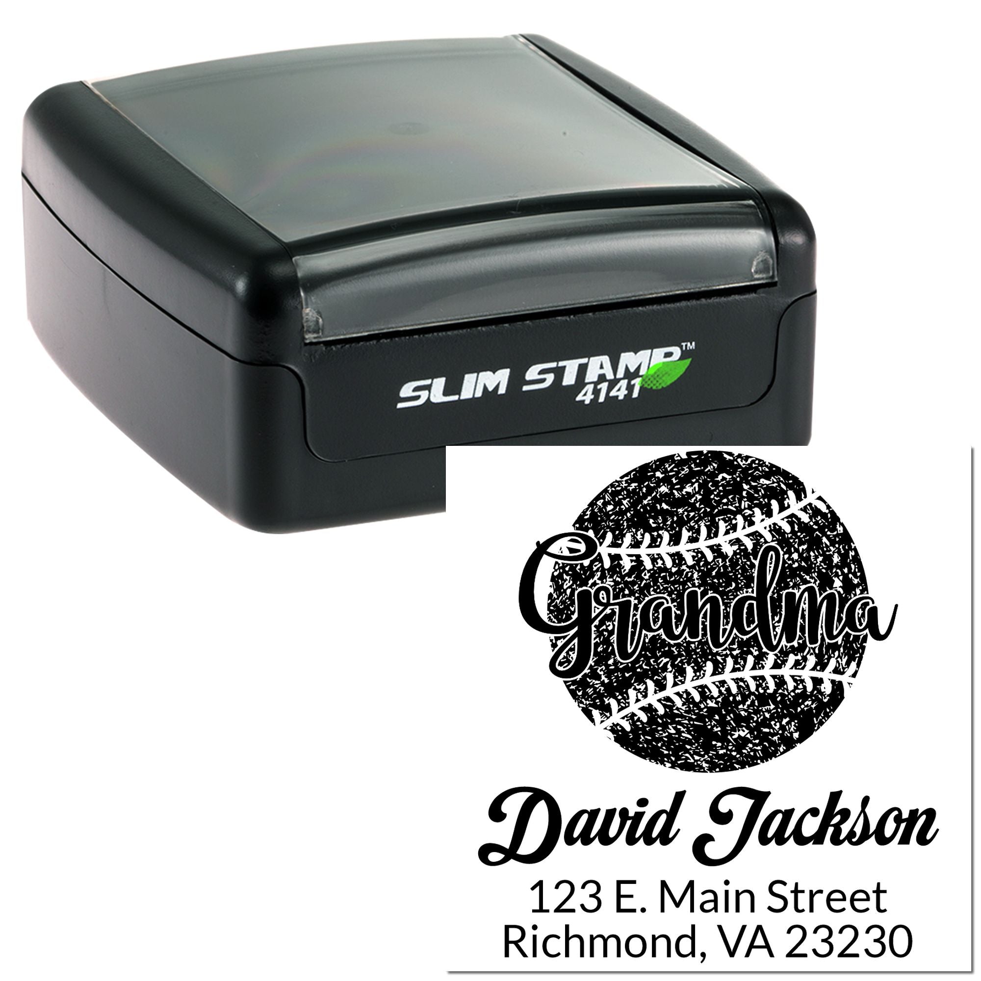 Custom self-inking rubber stamp with baseball-themed Grandpa name and address for personalized return address use.