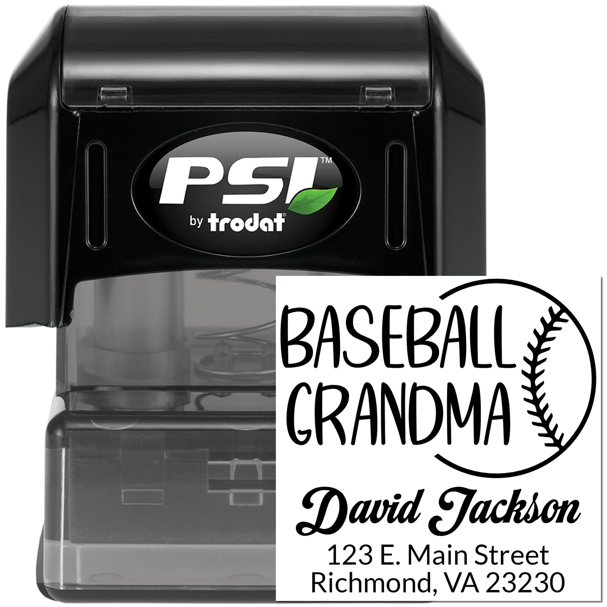 Custom self-inking baseball grandma address rubber stamp by PSI by Trodat for personalized mail and crafting.