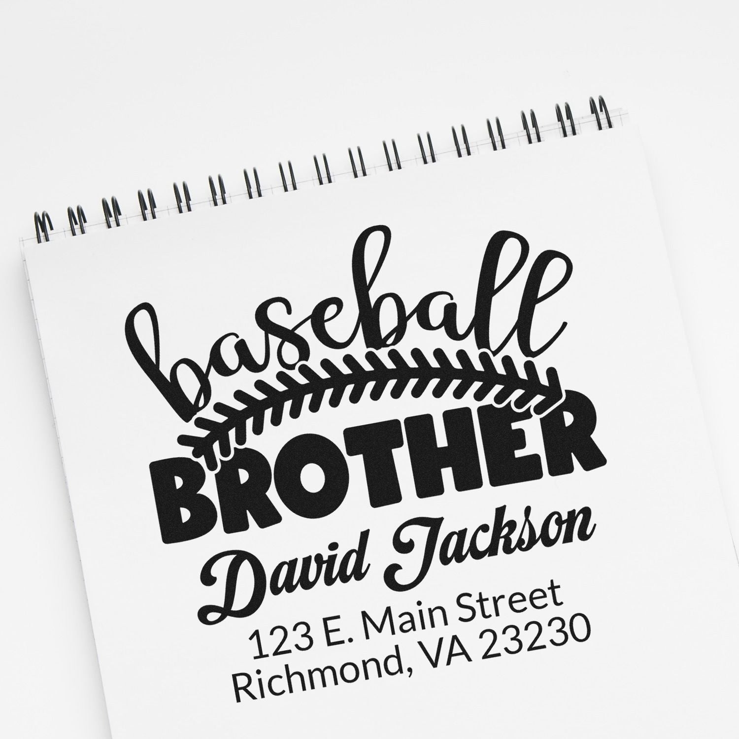 Custom baseball brother rubber stamp design with personalized name and address, ideal for sports-themed gifts and stationery.