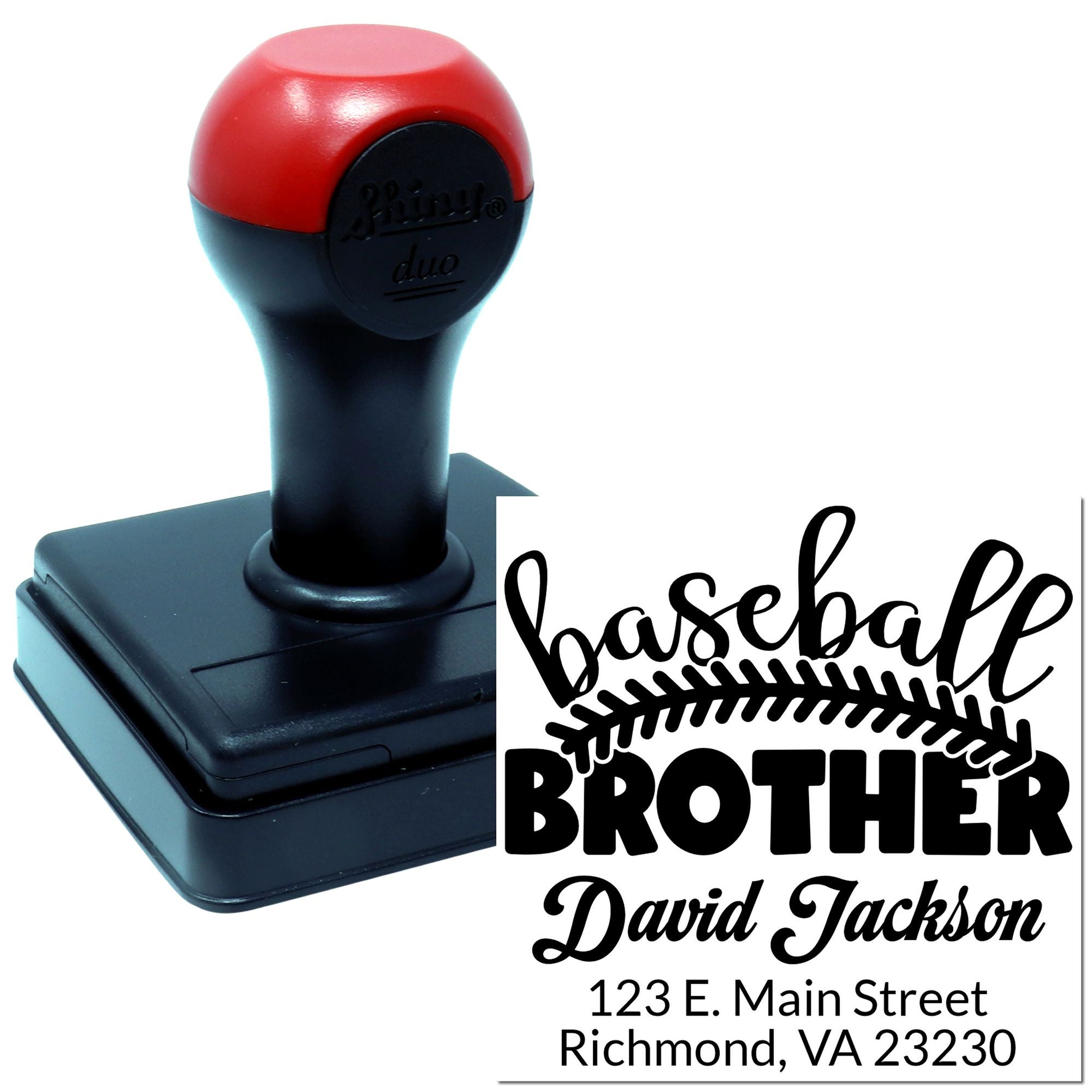 Custom self-inking baseball brother rubber stamp with personalized name and address design.