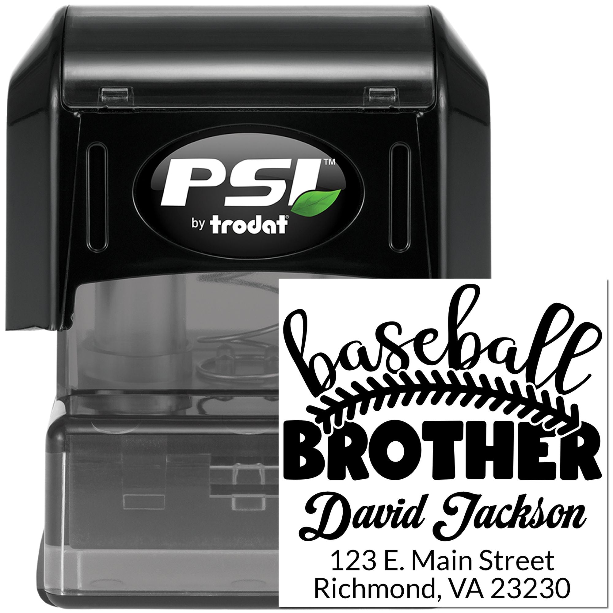 PSI by Trodat self-inking rubber stamp with custom baseball brother address design for David Jackson, Richmond, VA