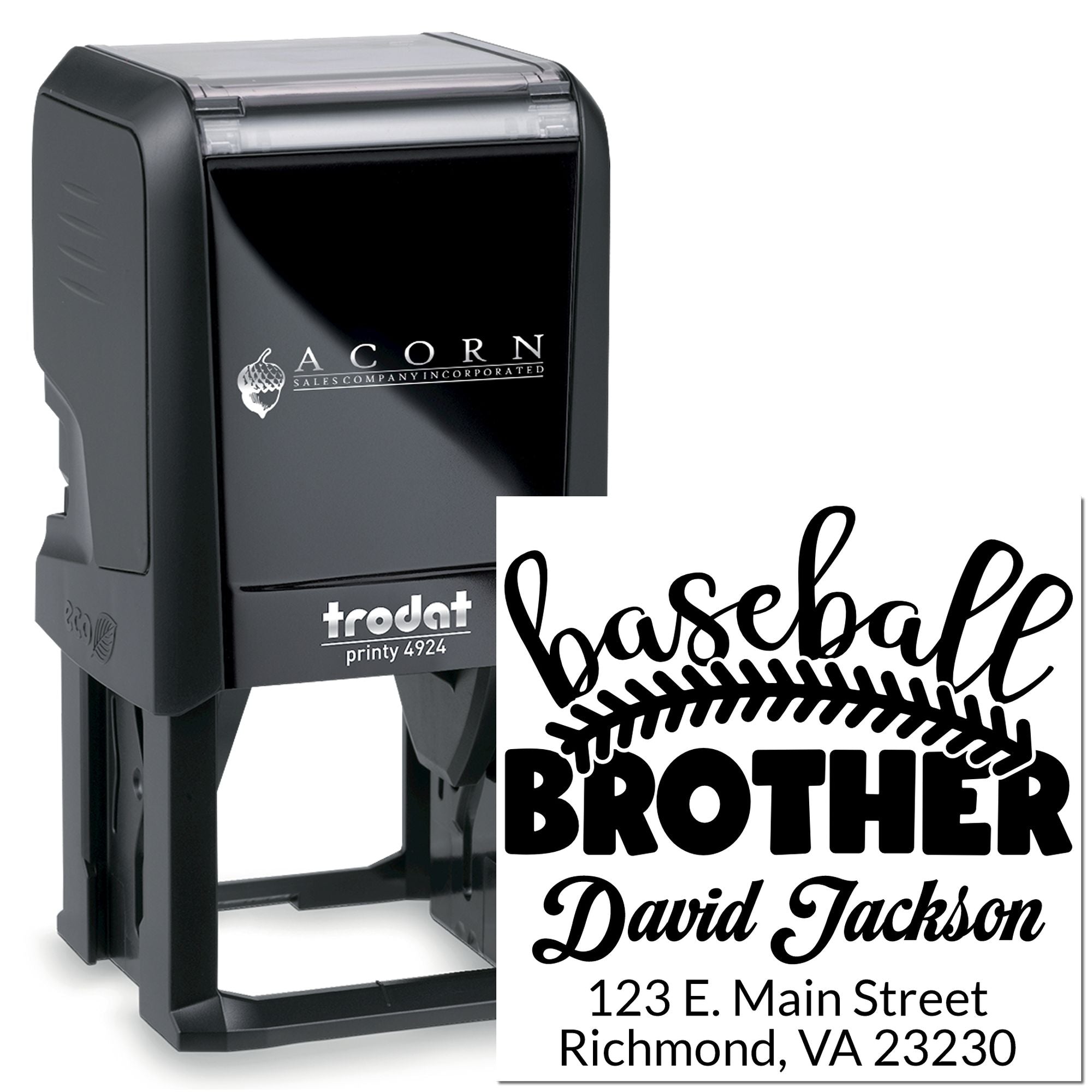 Custom self-inking rubber stamp with personalized baseball brother design and address imprint for mailing and gifts.