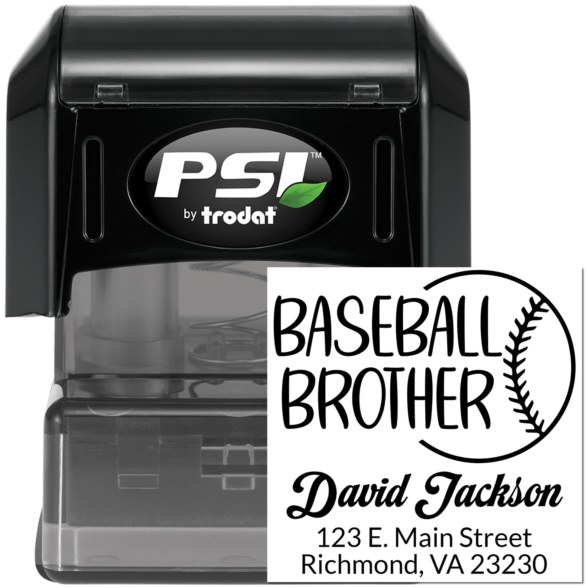 Custom baseball brother self-inking rubber stamp with name and address, PSI by Trodat personalized address stamp