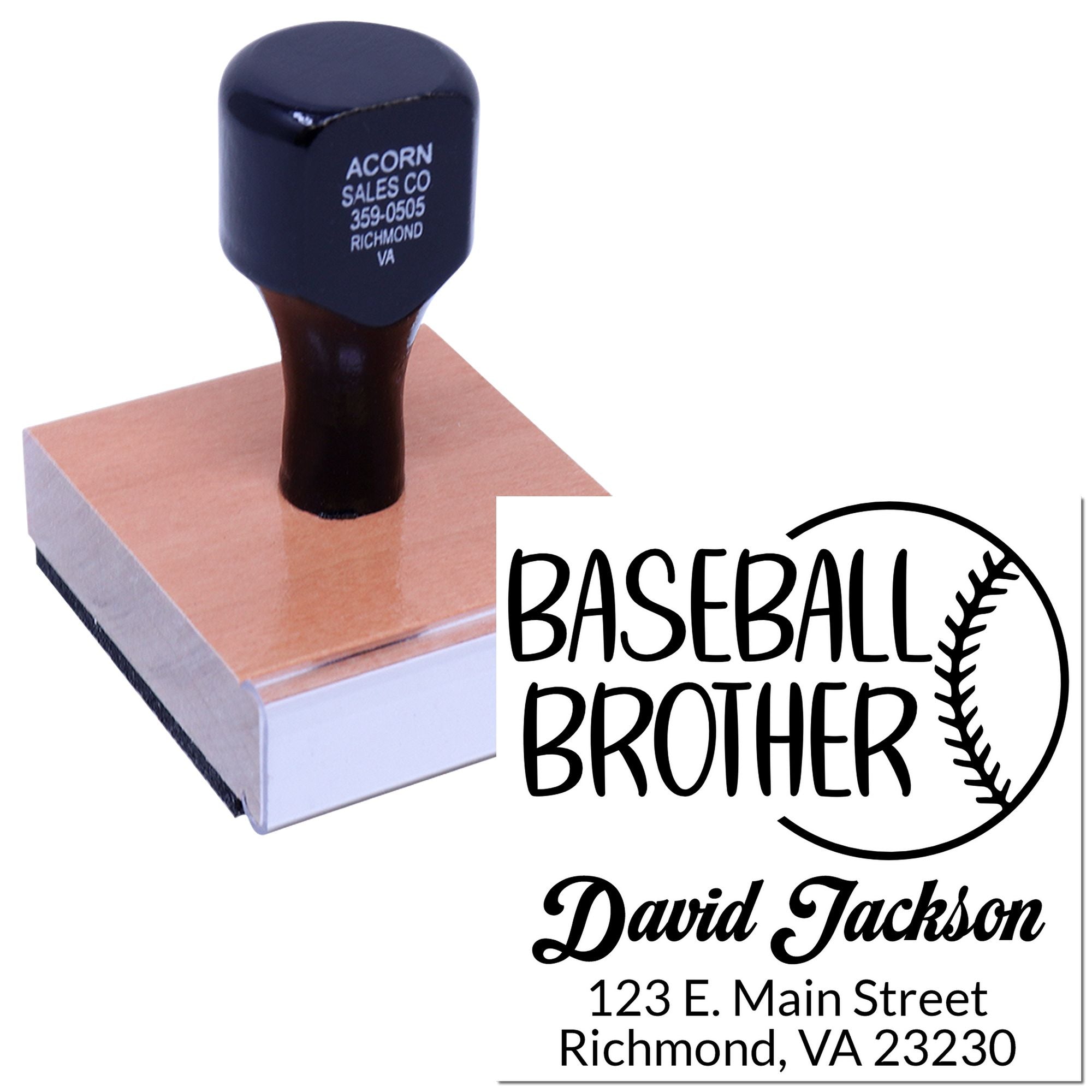 Custom baseball brother rubber stamp with name and Richmond, VA address, shown on a self-inking stamp block.