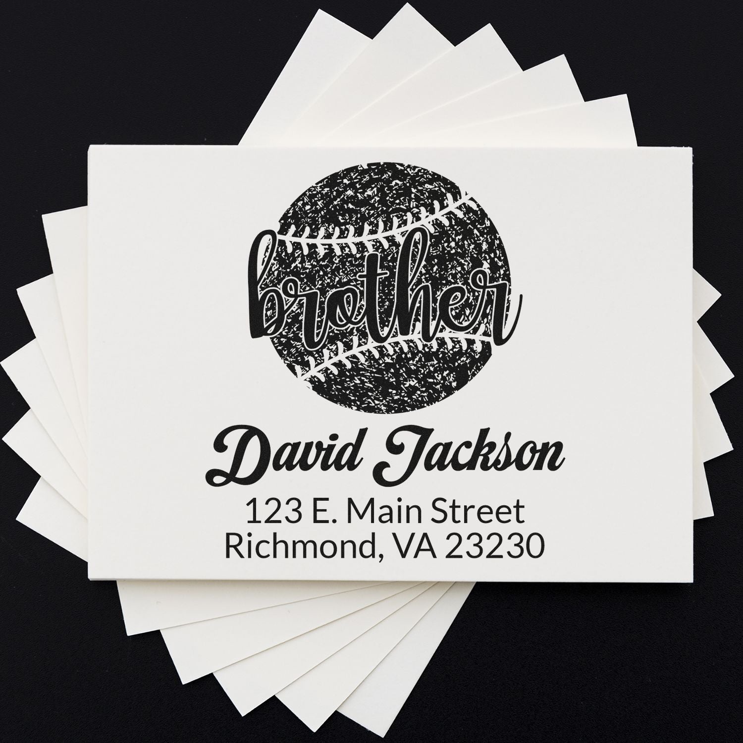 Custom baseball brother return address rubber stamp with name and address for personalized cards and envelopes.