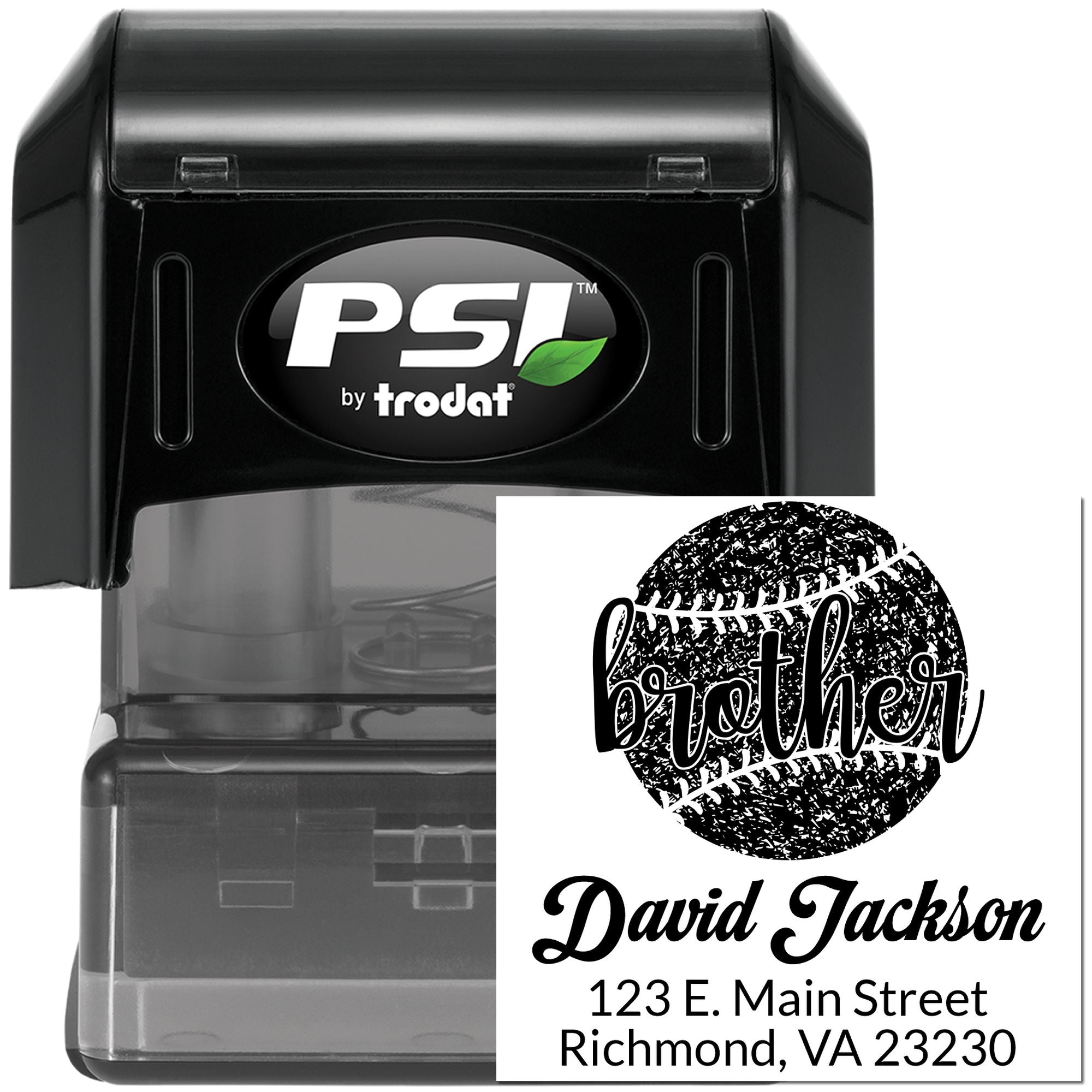 PSI by Trodat self-inking rubber stamp with custom baseball brother address design for personalized mailing.