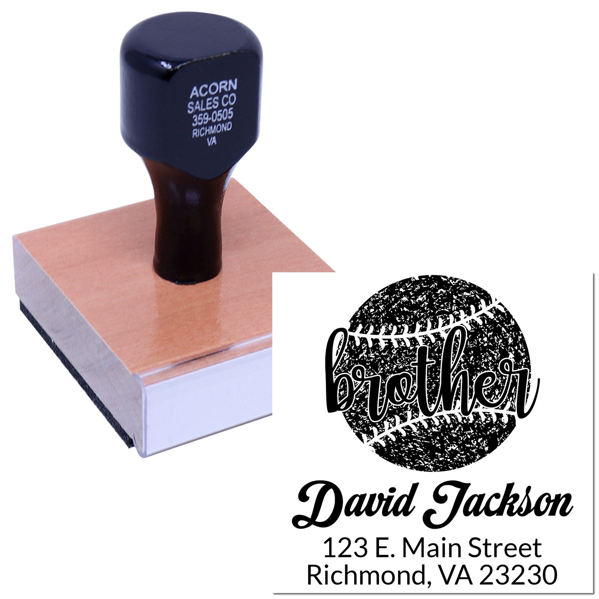 Custom rubber stamp with baseball brother design and return address for personalized mail, stationery, and branding.