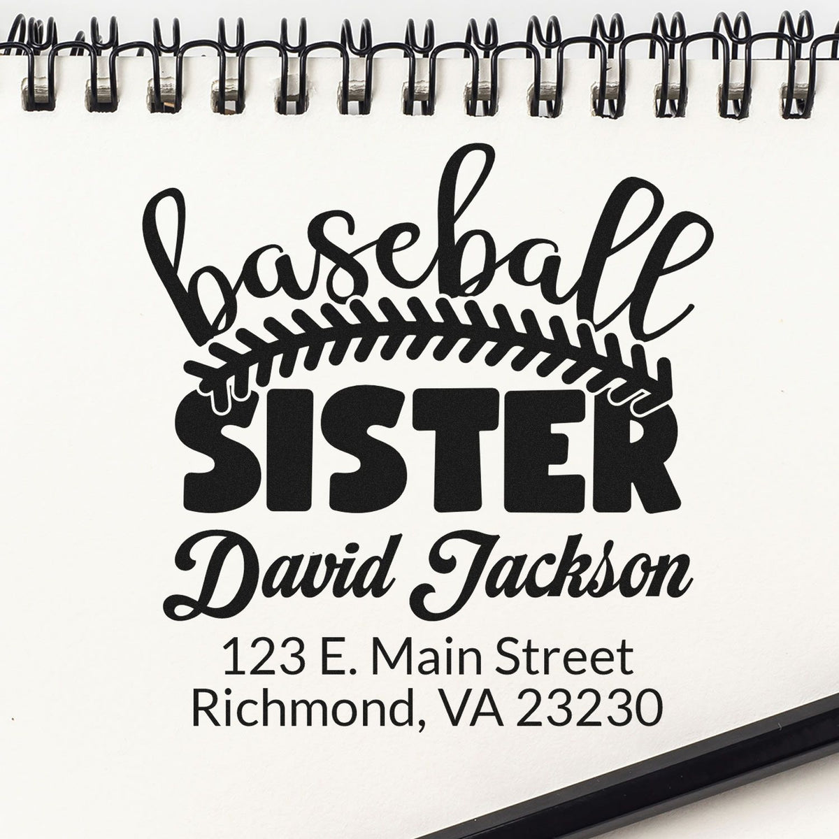 Personalized baseball sister rubber stamp proof with name and Richmond, VA address for custom mailing use.