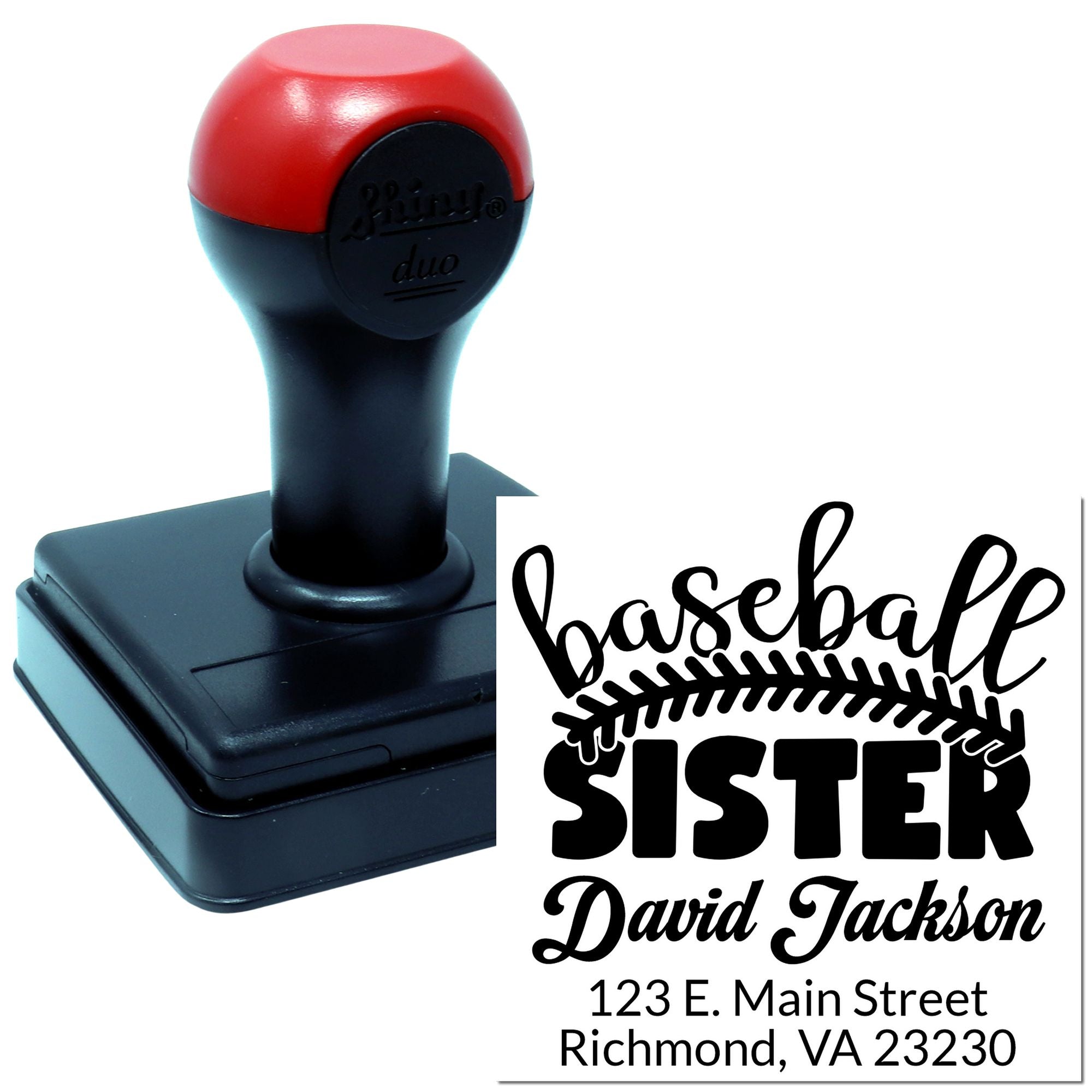Custom personalized rubber stamp with baseball sister design, David Jackson name, and Richmond, VA return address.