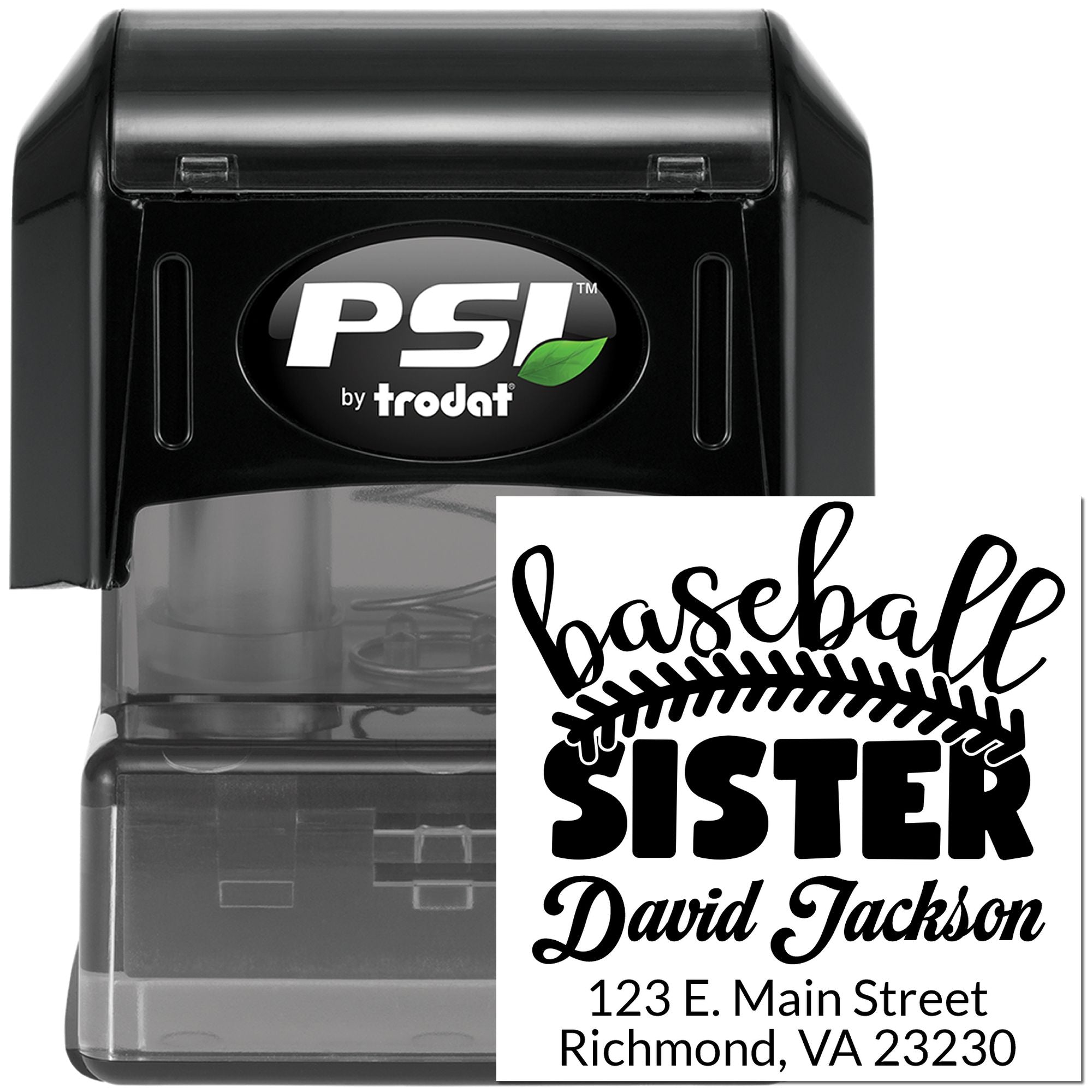 PSI by Trodat self-inking custom rubber stamp with personalized baseball sister address design.
