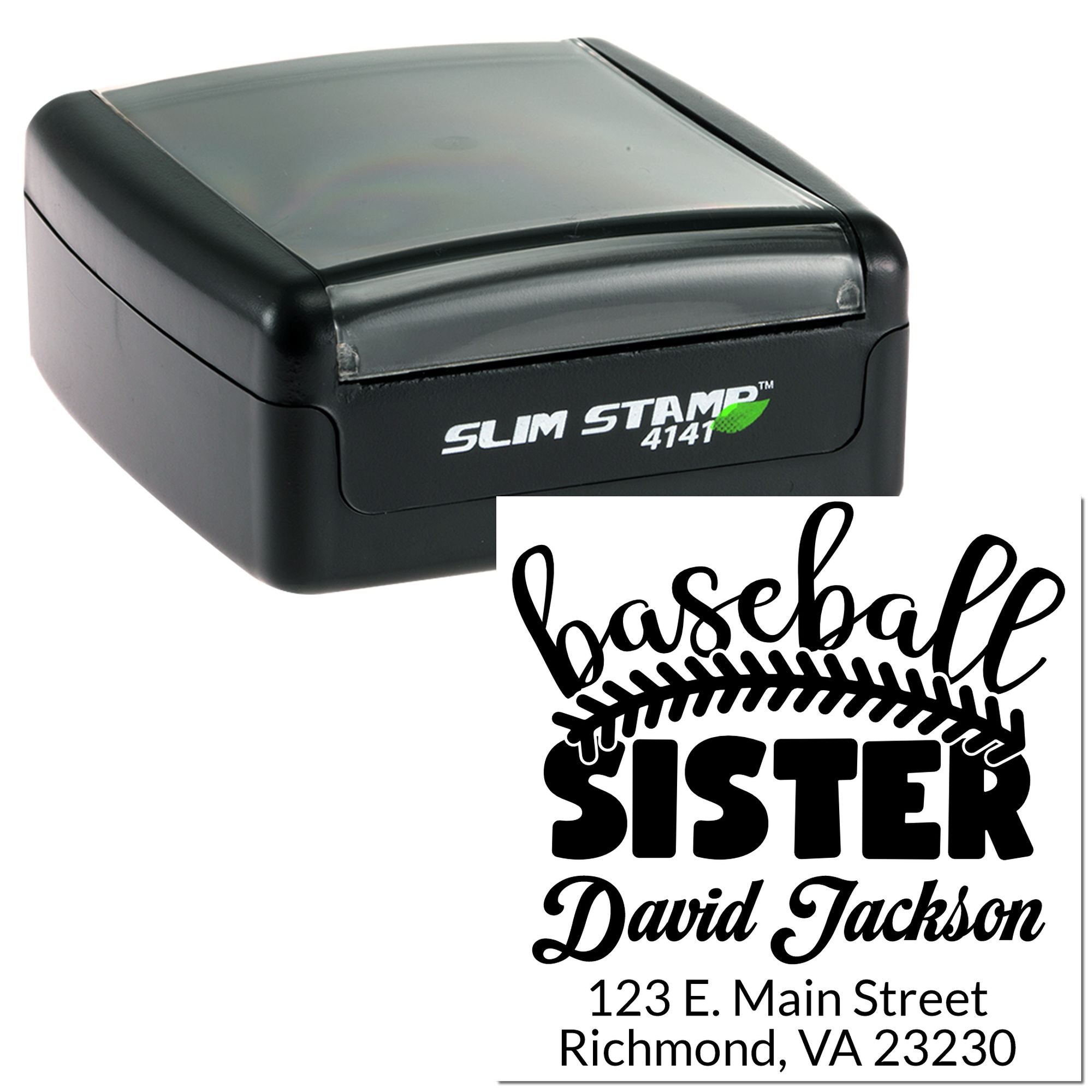Custom self-inking rubber stamp for baseball sister with name, address, and Slim Stamp 4141 case.