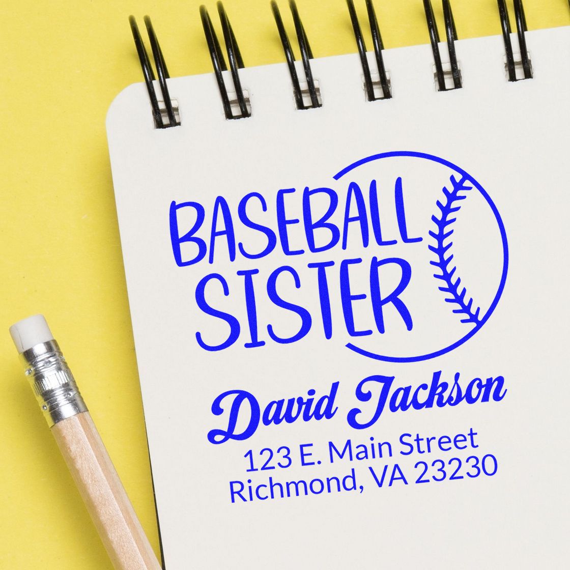 Personalized baseball sister rubber stamp with name and address for custom stationery, cards, and baseball fan gifts.