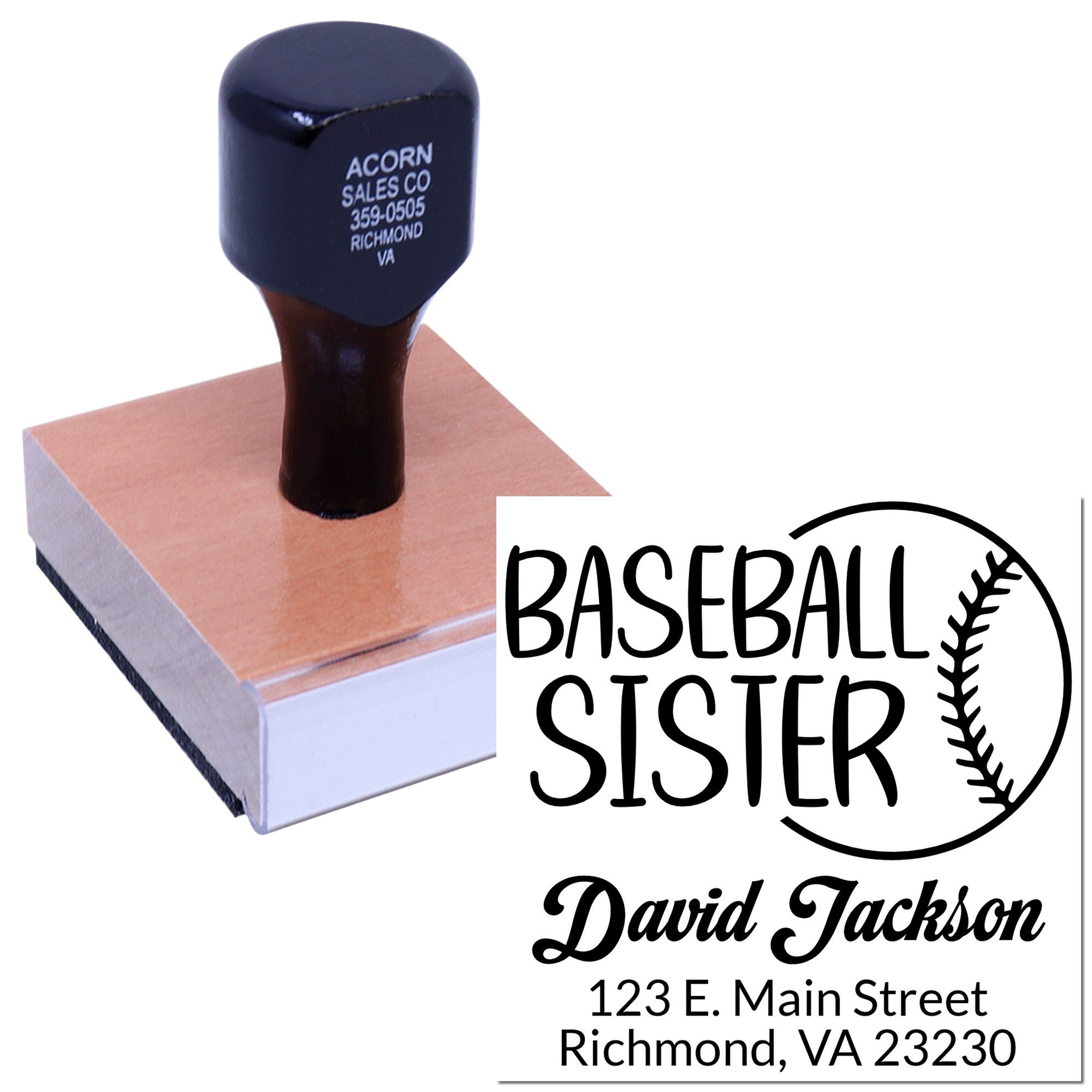Custom baseball sister rubber stamp with name and address, ideal for personalized sports-themed stationery and mailing.