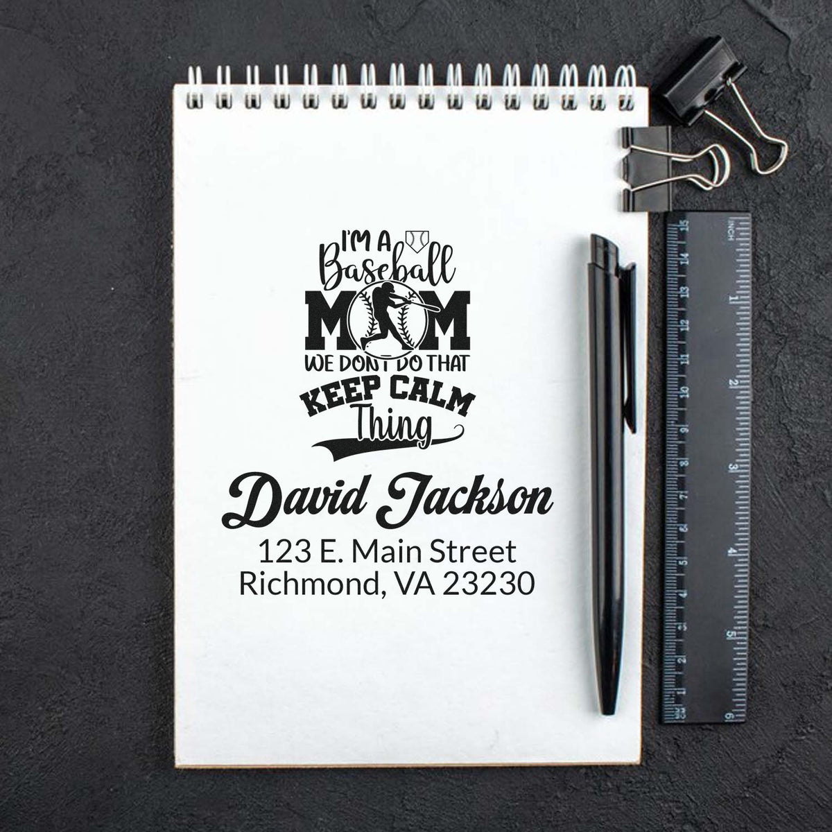 Custom baseball mom address stamp with personalized name and address, perfect for envelopes, stationery, and gifts.