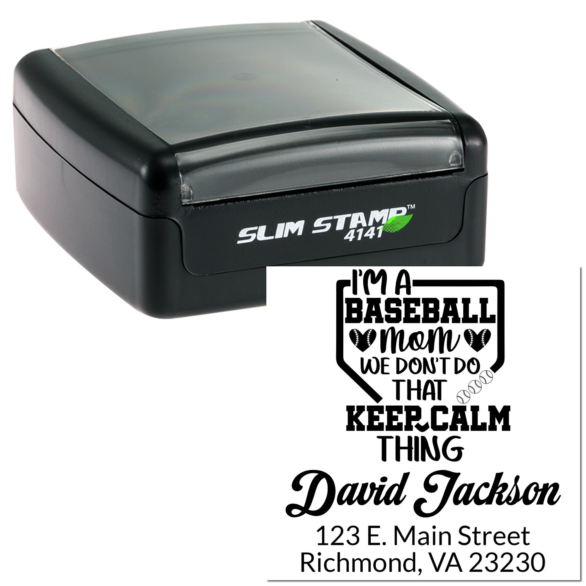 Custom self-inking rubber stamp with personalized baseball mom return address design and name imprint
