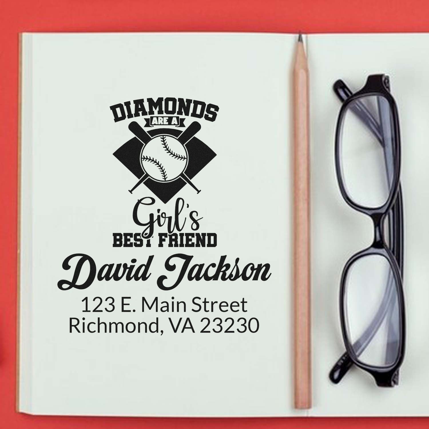 Personalized baseball rubber stamp design with Diamonds Are a Girls Best Friend, name, and address for custom stationery.