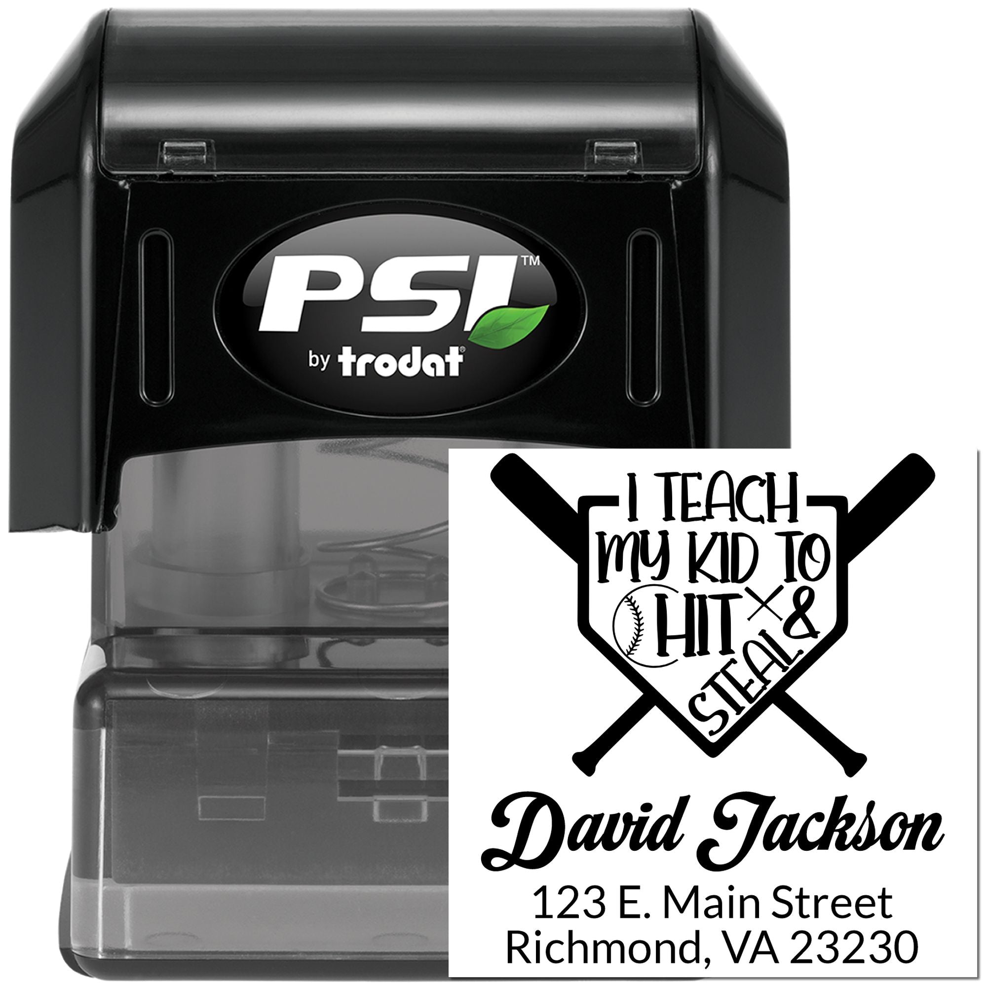 Custom self-inking rubber stamp with baseball-themed I teach my kid to hit & steal return address design.