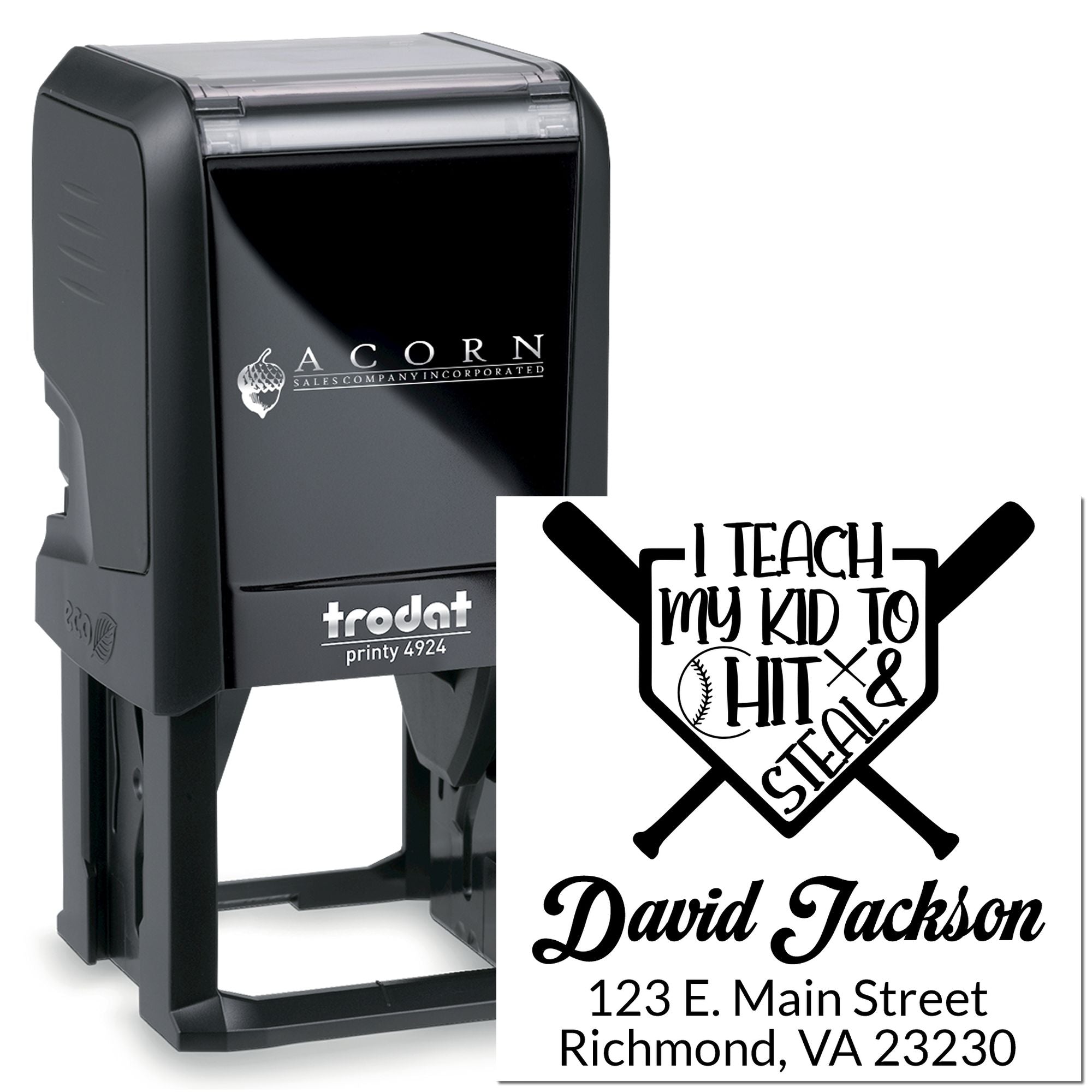 Custom self-inking rubber stamp for baseball coaches with personalized I Teach My Kid to Hit & Steal name and address design.
