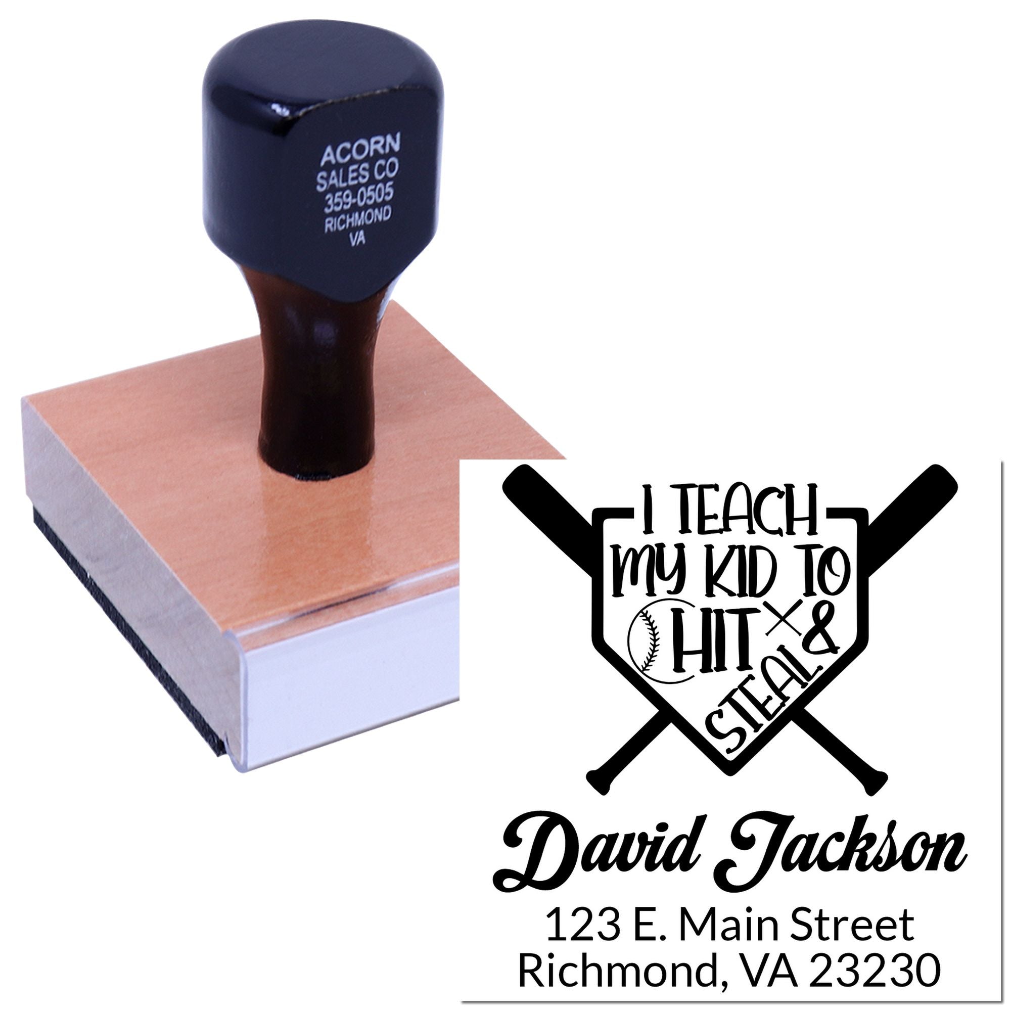 Custom baseball rubber stamp with personalized I Teach My Kid to Hit & Steal design, name, and return address.