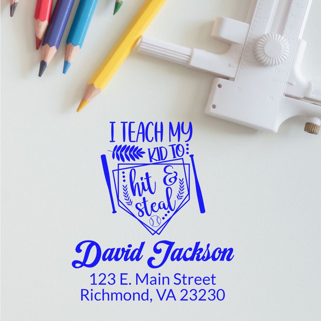 Personalized teacher rubber stamp with baseball quote I teach my kid to hit & steal and custom name/address.