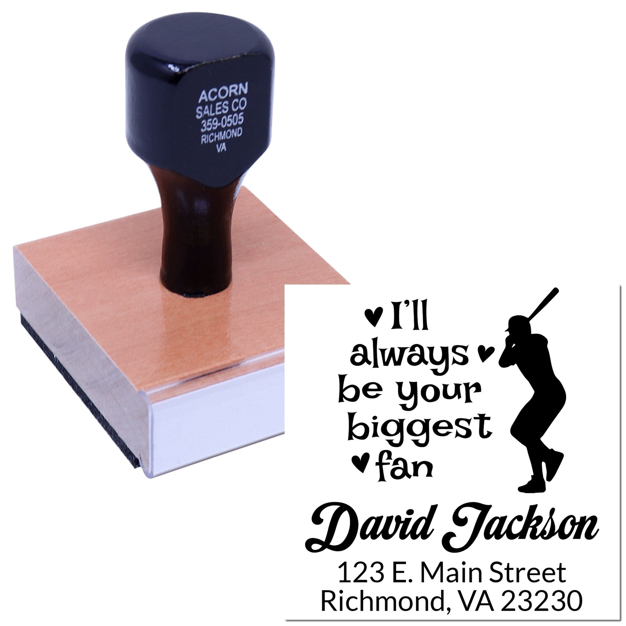 Custom baseball fan rubber stamp with personalized Ill always be your biggest fan name and address design.