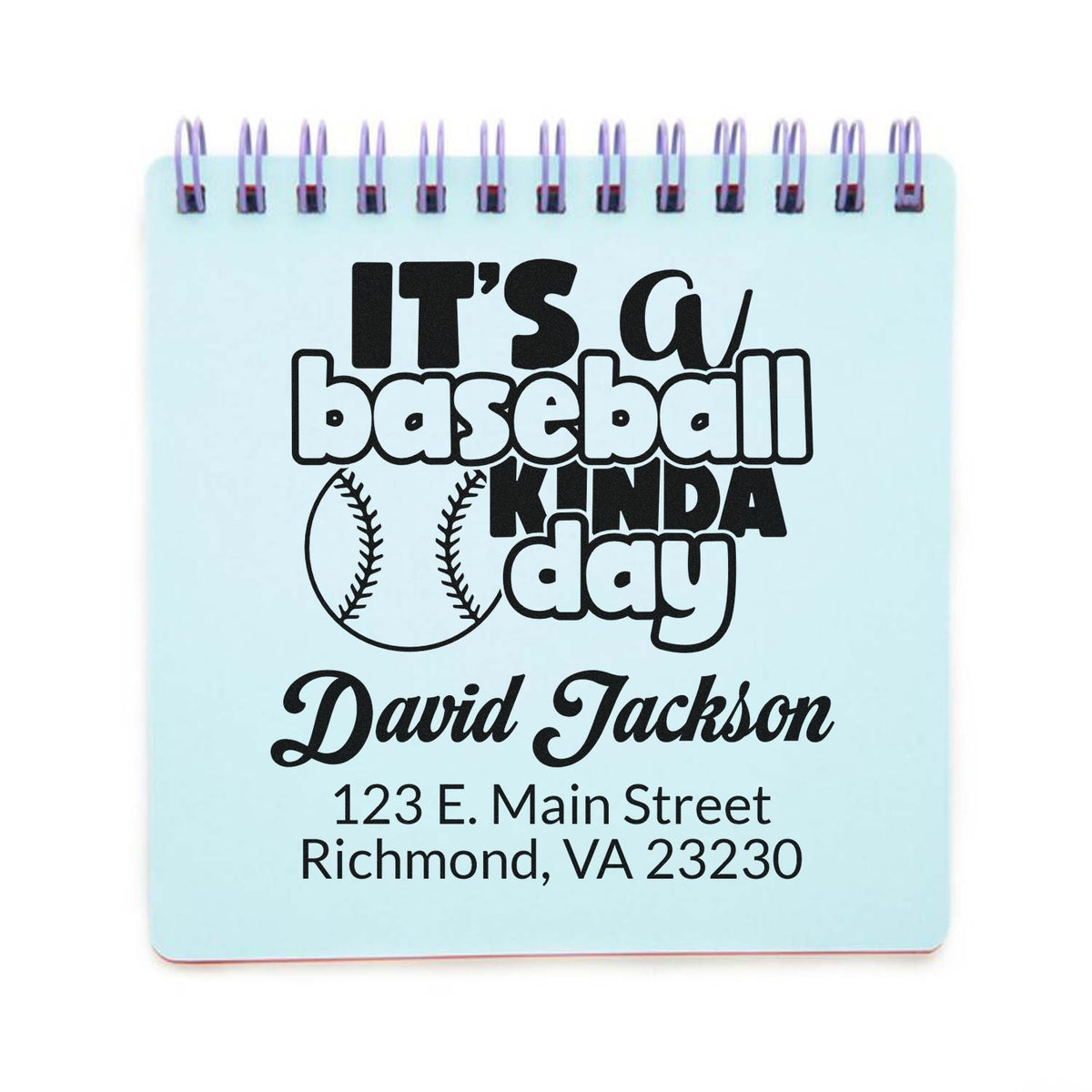 Personalized baseball-themed rubber stamp design with name and address for David Jackson, Richmond, VA.