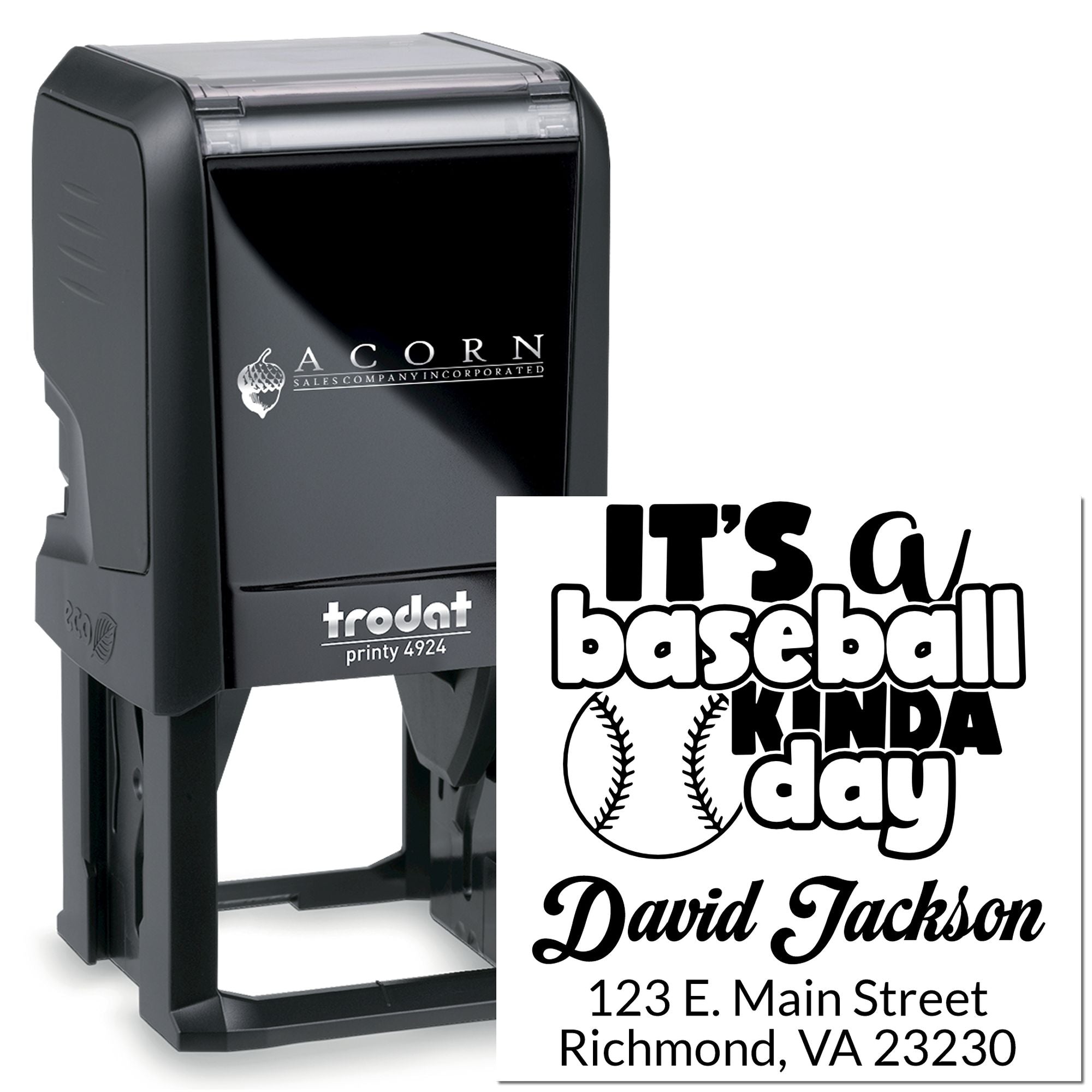 Custom self-inking baseball address stamp with name and mailing details for personalized envelopes.