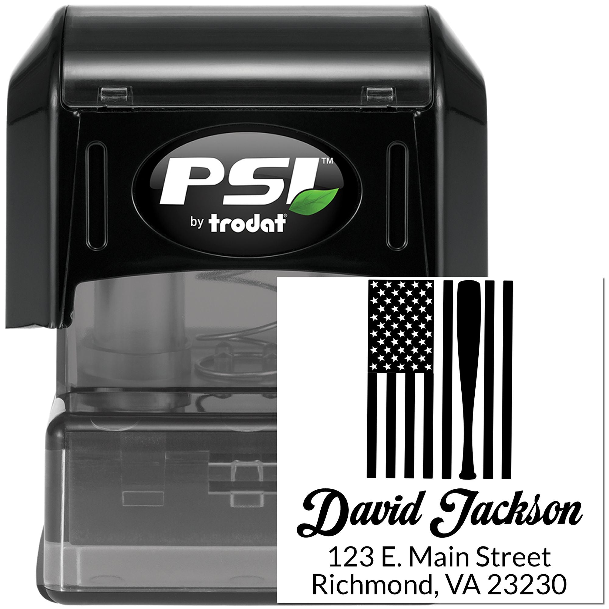 Custom address rubber stamp by PSI/Trodat with American flag design, name, and mailing address.