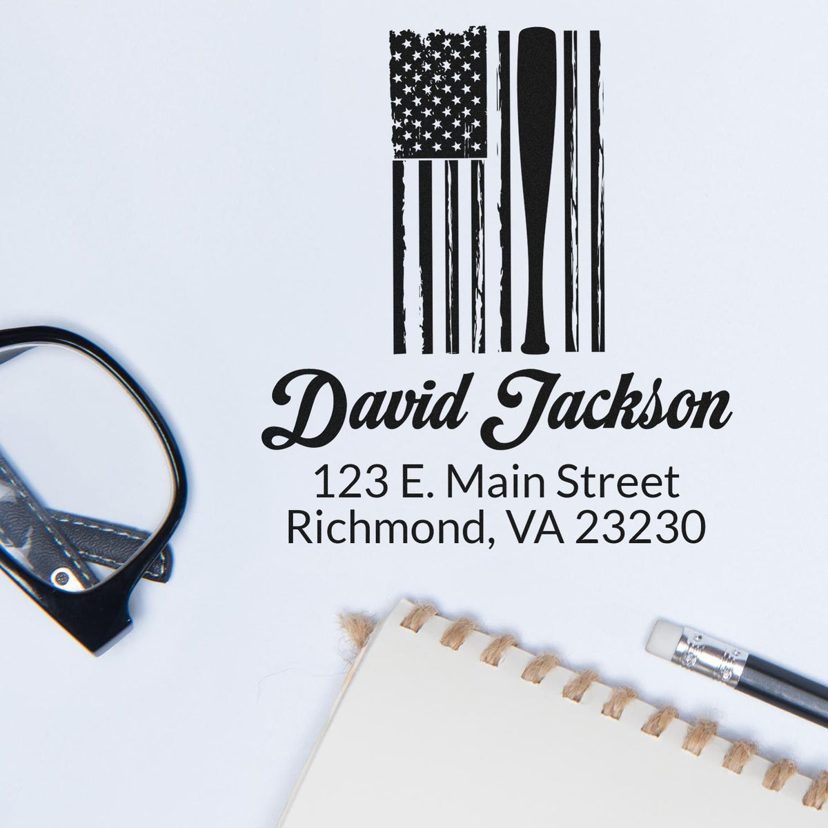 Custom patriotic rubber stamp with distressed American flag, name, and return address for personalized mailing and branding