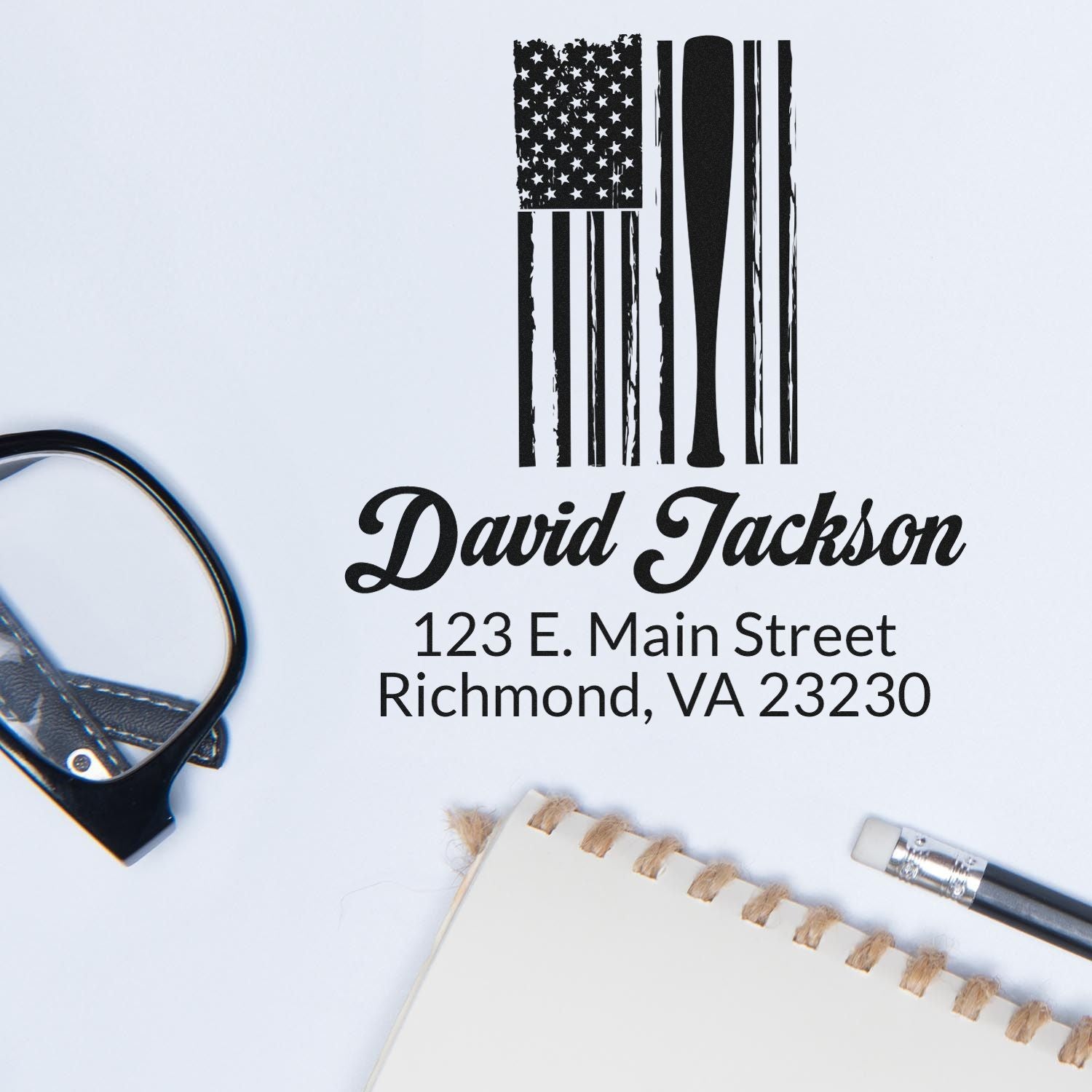 Personalized rubber stamp with American flag design, name, and return address for David Jackson in Richmond, VA.