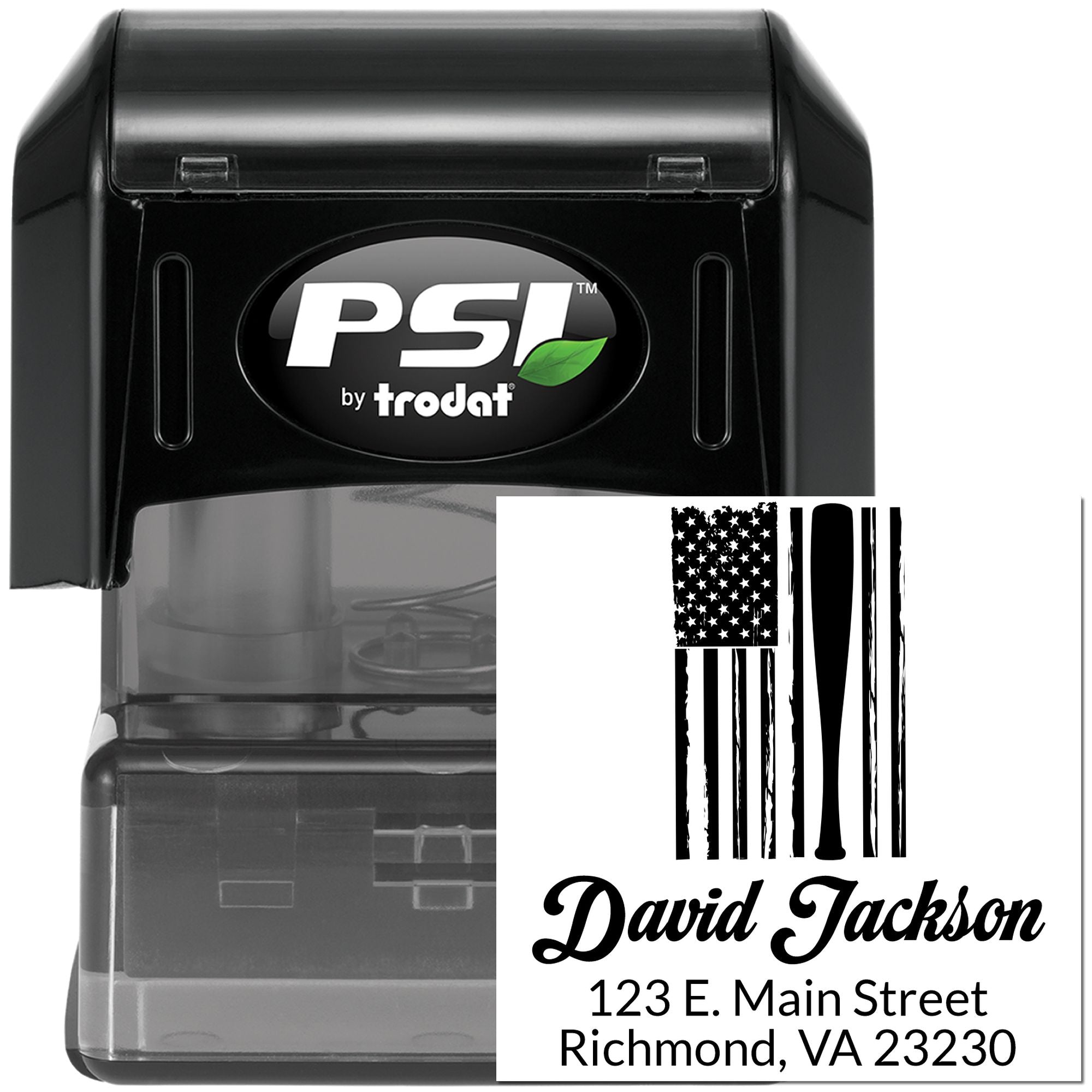 Custom self-inking return address stamp with American flag monogram, PSI by Trodat rubber stamp for mailing and business use.