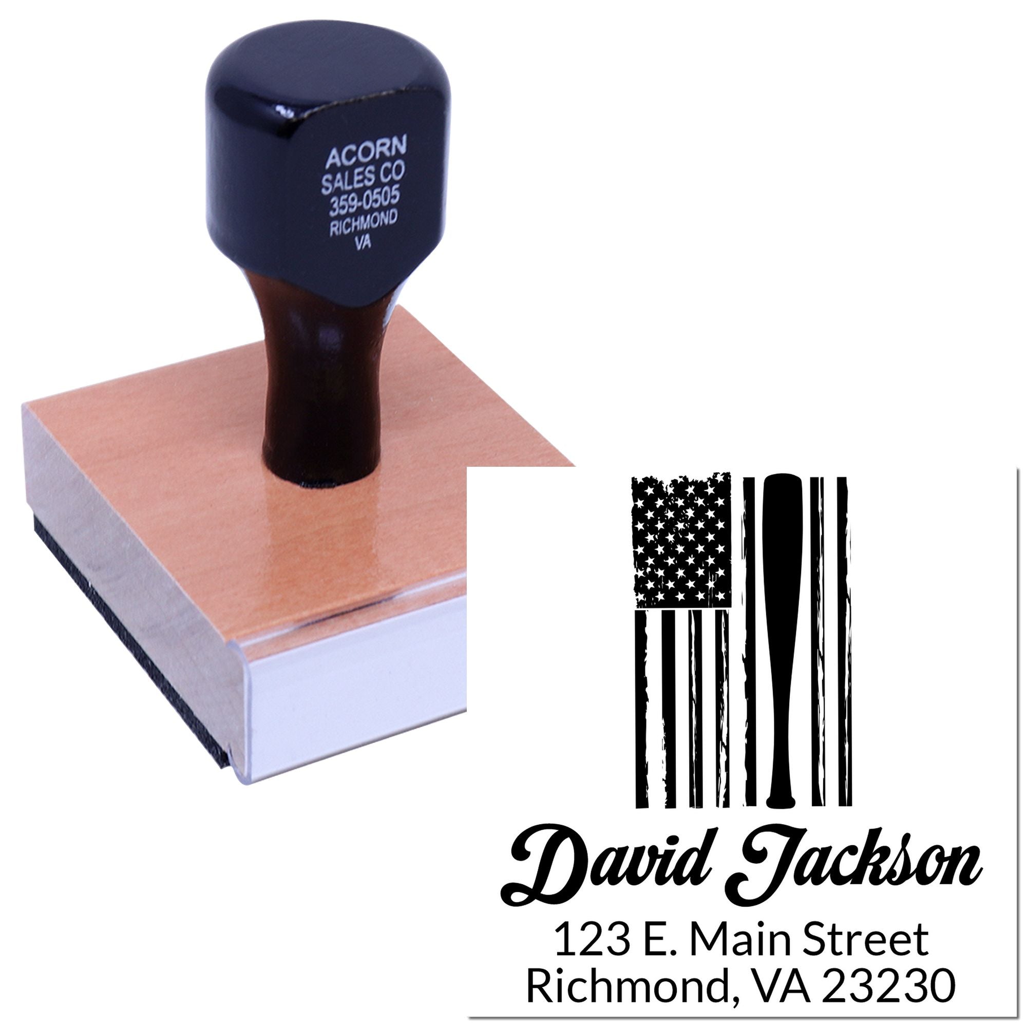 Custom patriotic address rubber stamp with American flag design for David Jackson, Richmond, VA mailing labels.