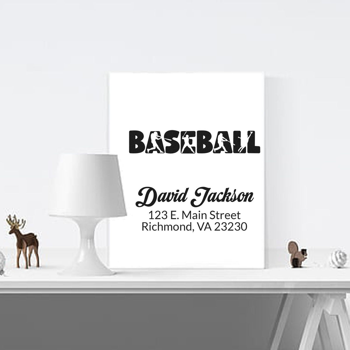 Custom baseball return address rubber stamp with player silhouettes, David Jackson name, and Richmond, VA address.