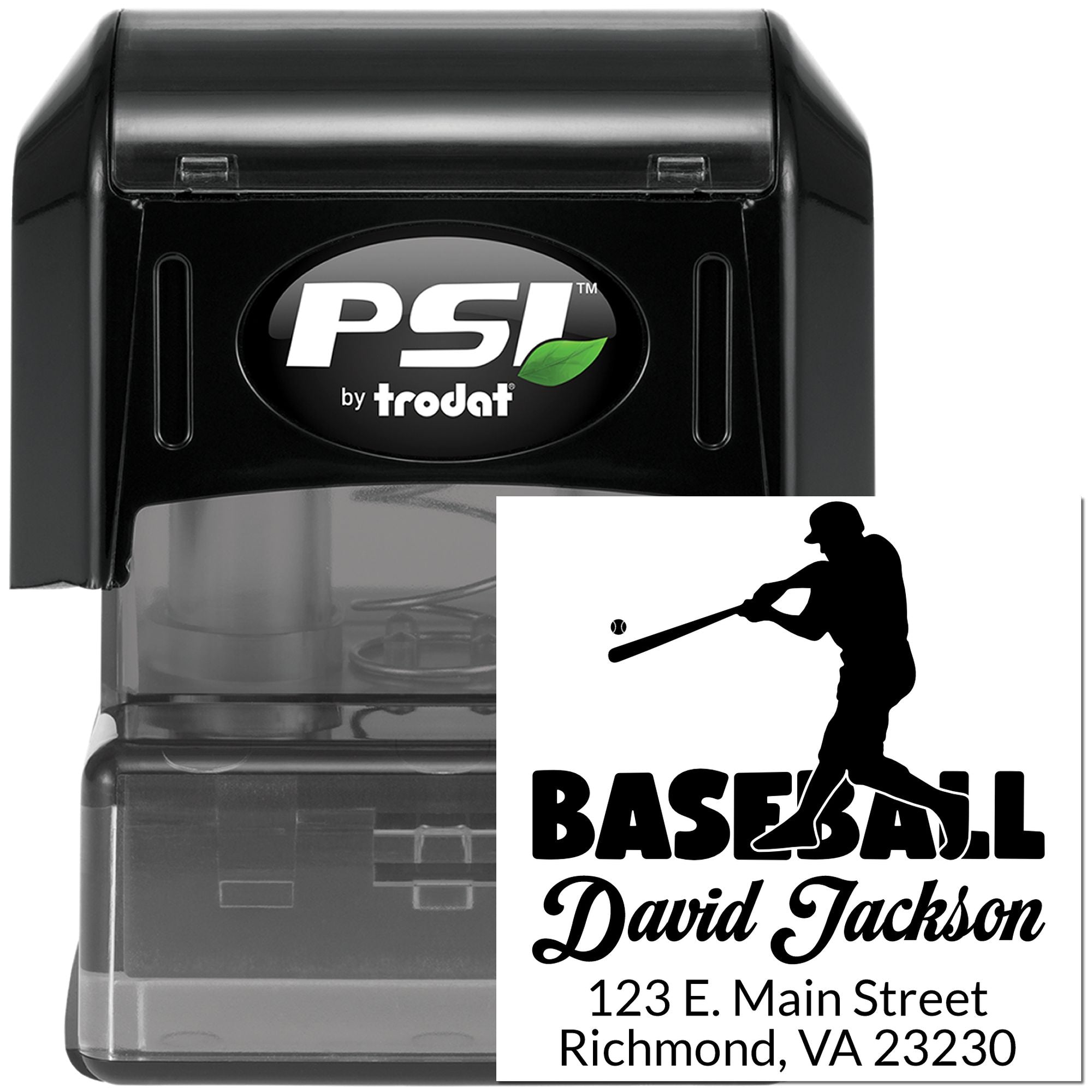 Custom self-inking baseball address rubber stamp, PSI by Trodat, personalized for David Jackson, Richmond VA.