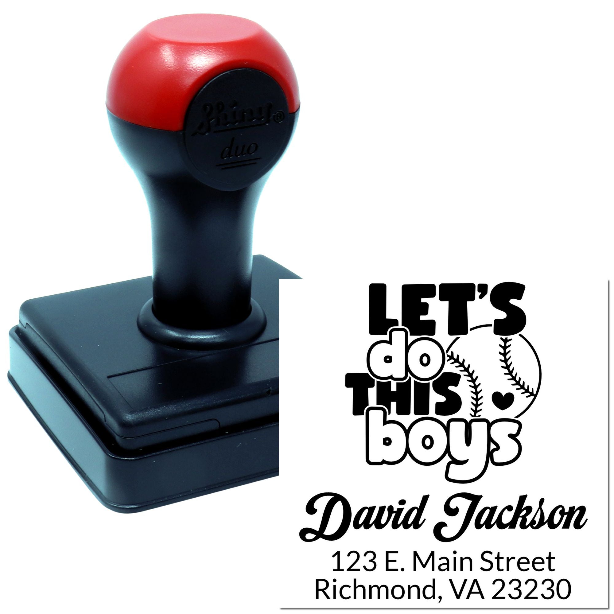 Custom self-inking rubber stamp with baseball-themed Lets do this boys design, name, and address for personalized branding.