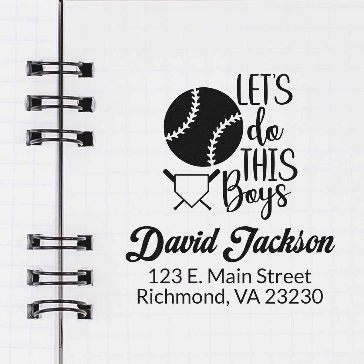 Custom baseball team rubber stamp design for planner or notebook, featuring Lets Do This Boys, name, and address.