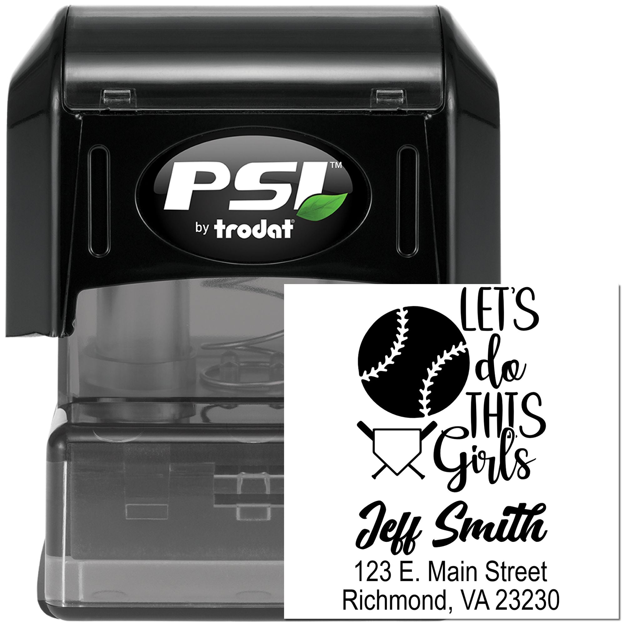 Custom baseball rubber stamp by PSI Trodat with self-inking case and personalized address imprint for softball teams