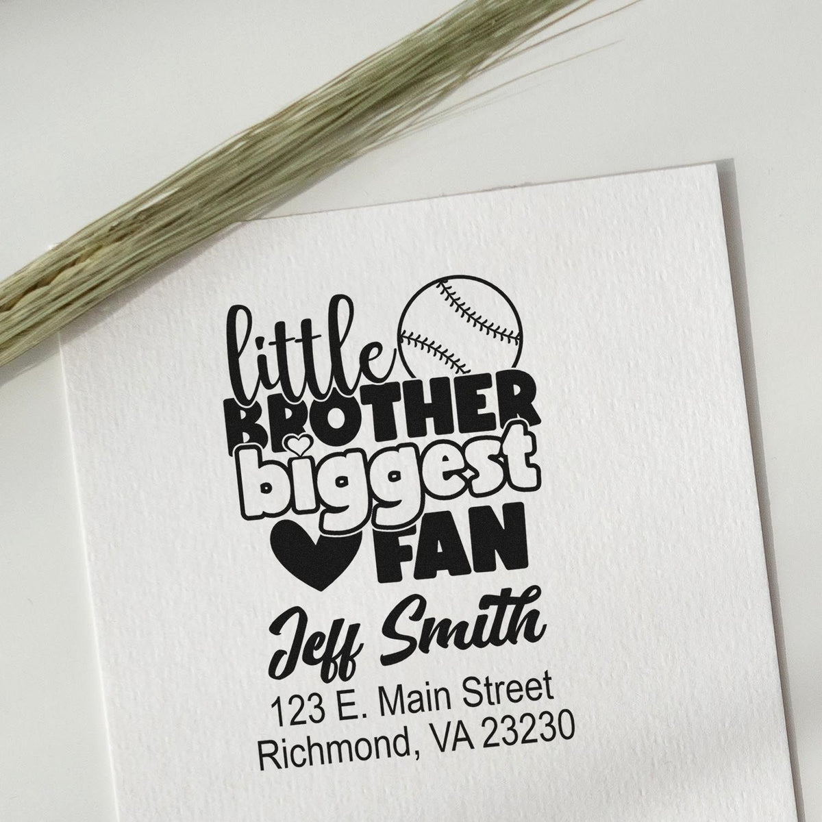 Custom rubber stamp for a little brother baseball fan with personalized name and return address.