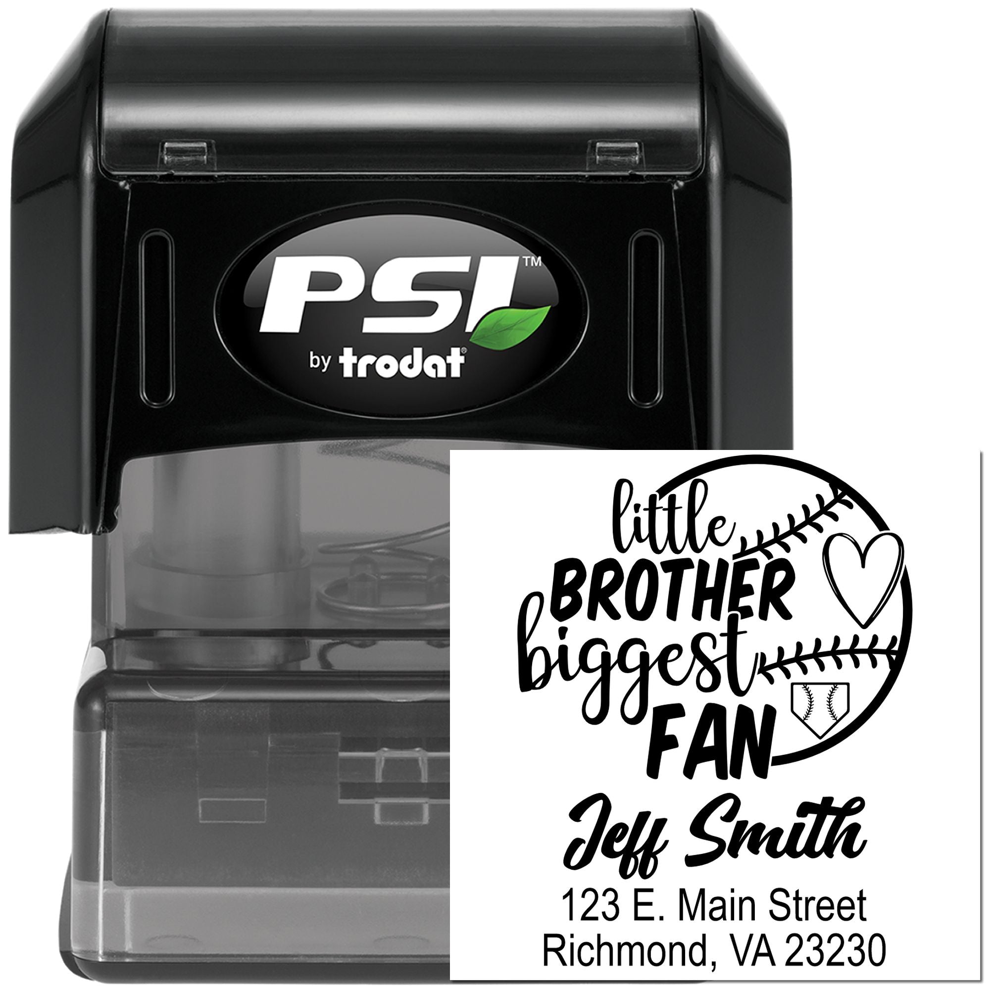 Custom self-inking rubber stamp by PSI Trodat with a baseball-themed Little Brother Biggest Fan personalized address design.