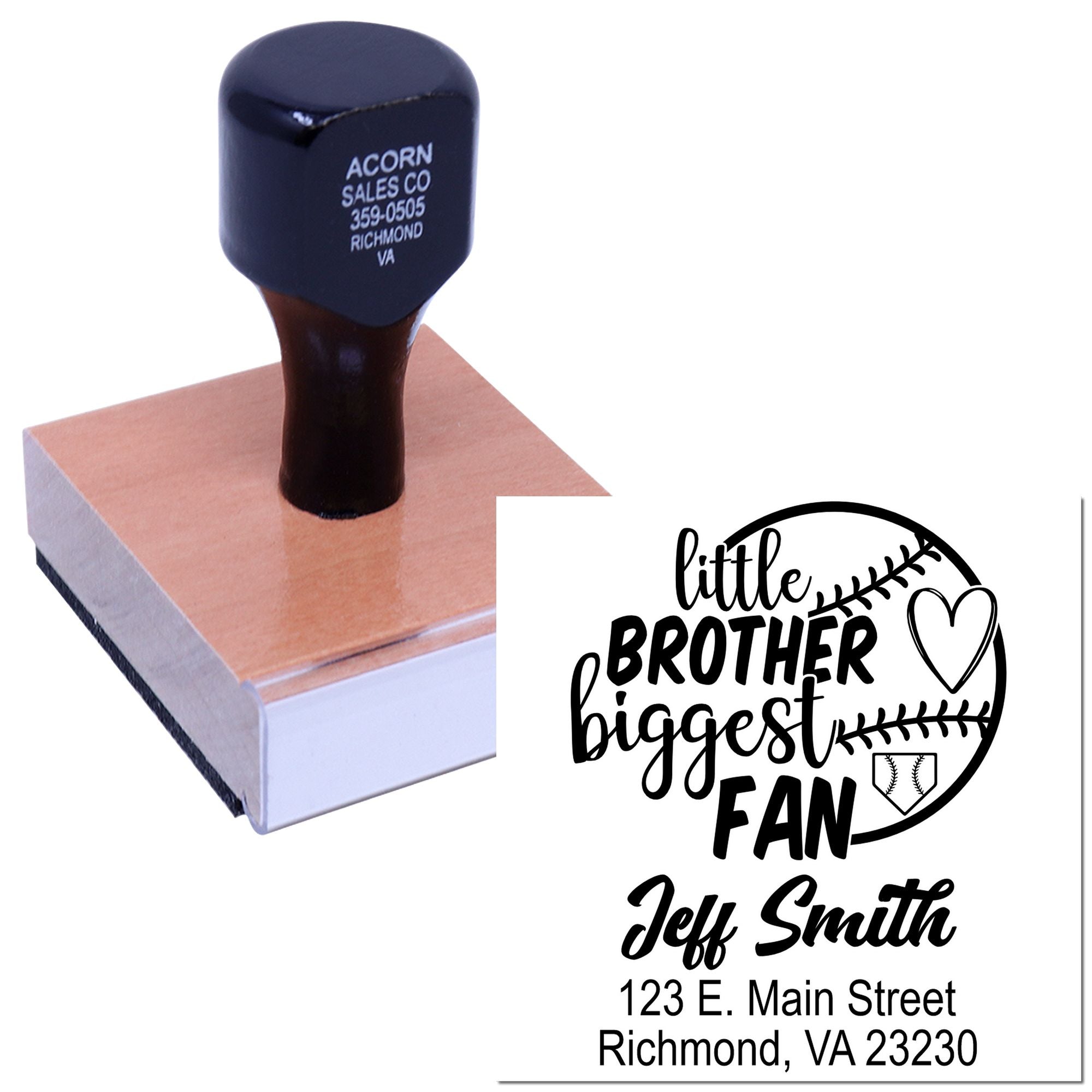 Personalized rubber stamp with "Little Brother Biggest Fan" baseball design, name, and address for gifts or stationery.