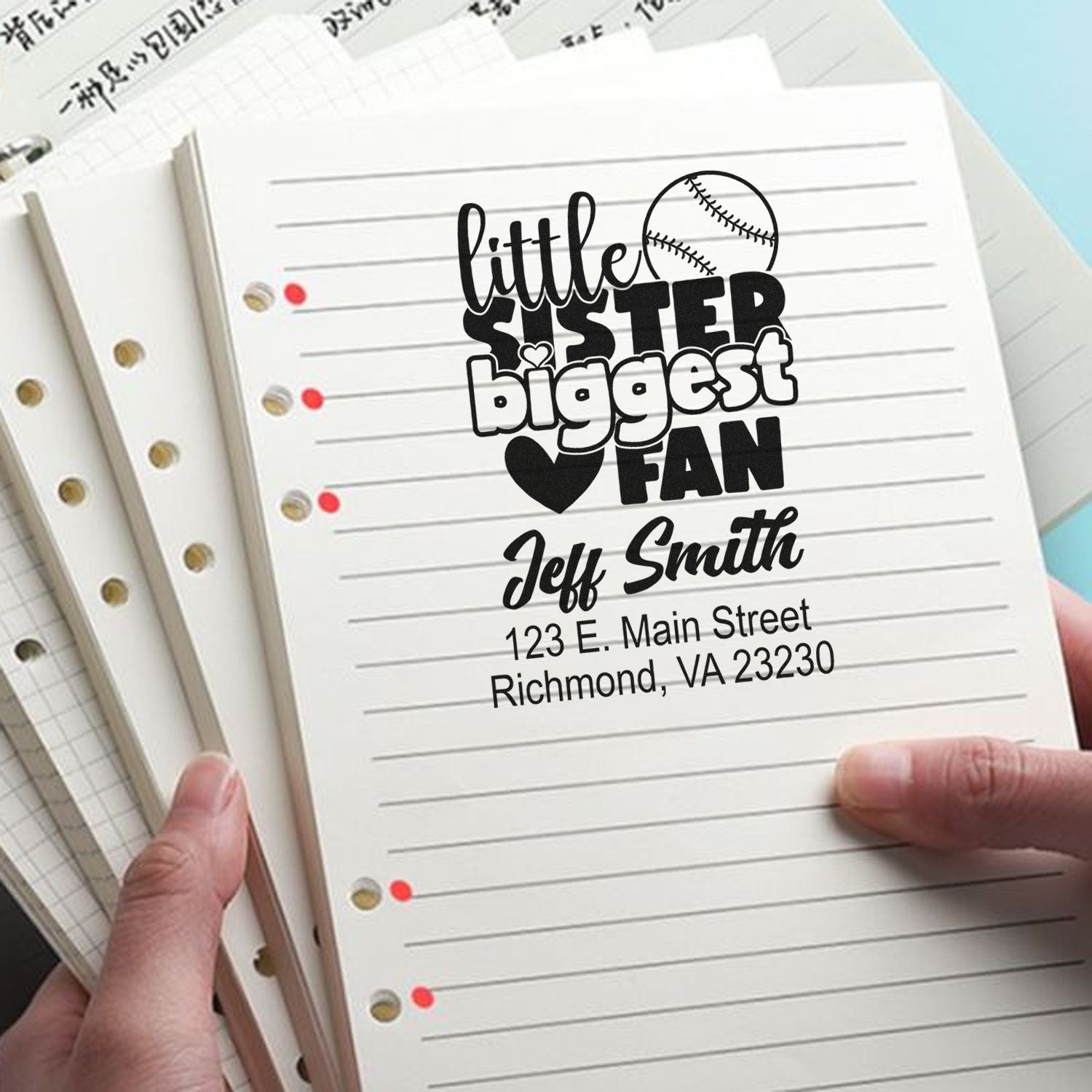 Personalized rubber stamp design with Little Sister Biggest Fan baseball graphic, name, and return address.