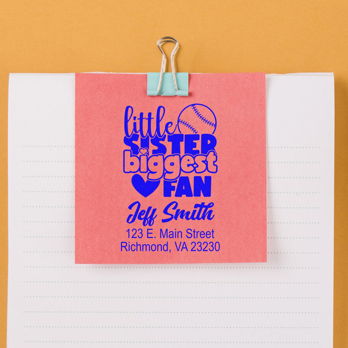 Custom rubber stamp design for a little sister baseball fan with name and address.