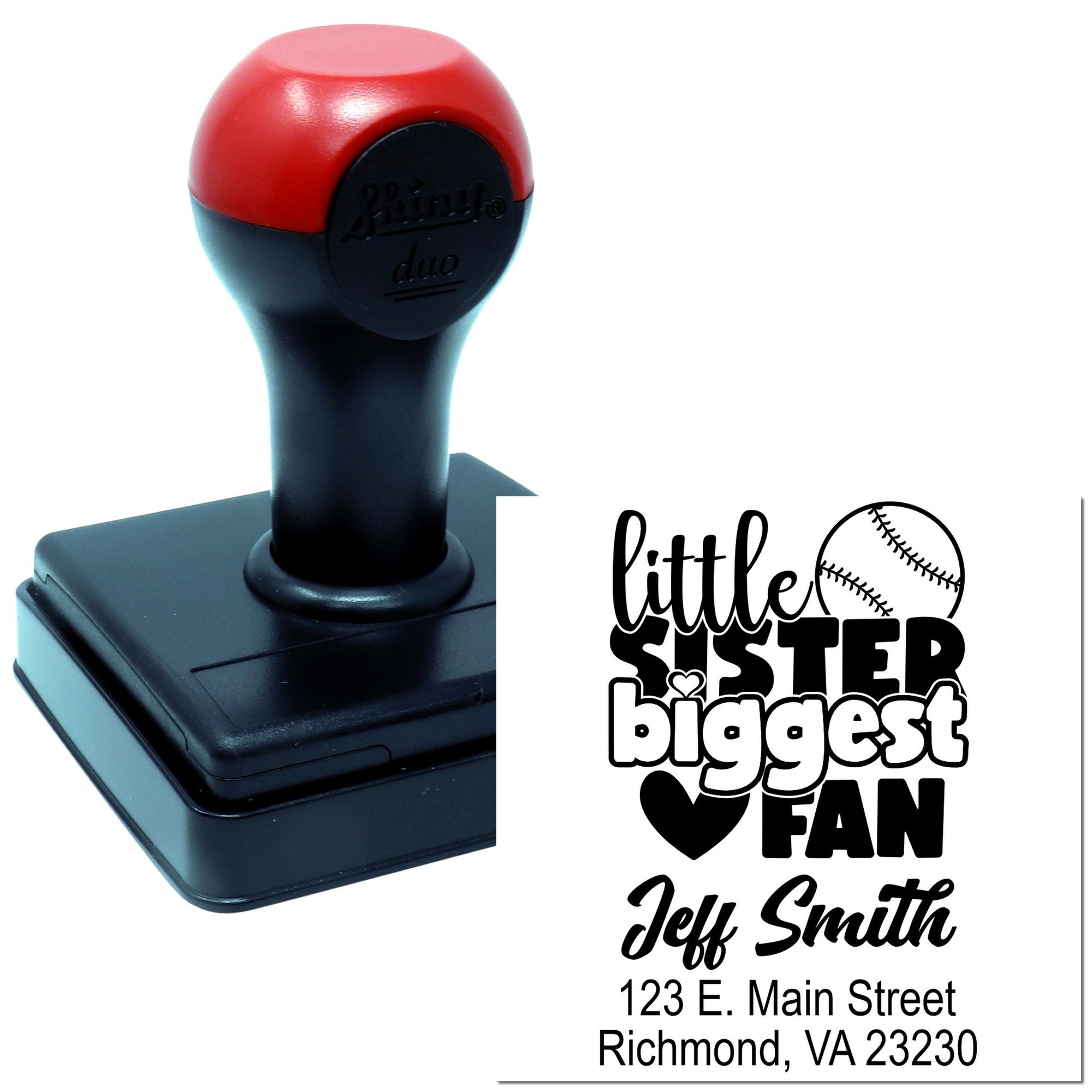 Custom self-inking rubber stamp featuring Little Sister Biggest Fan baseball design with personalized name and address imprint.