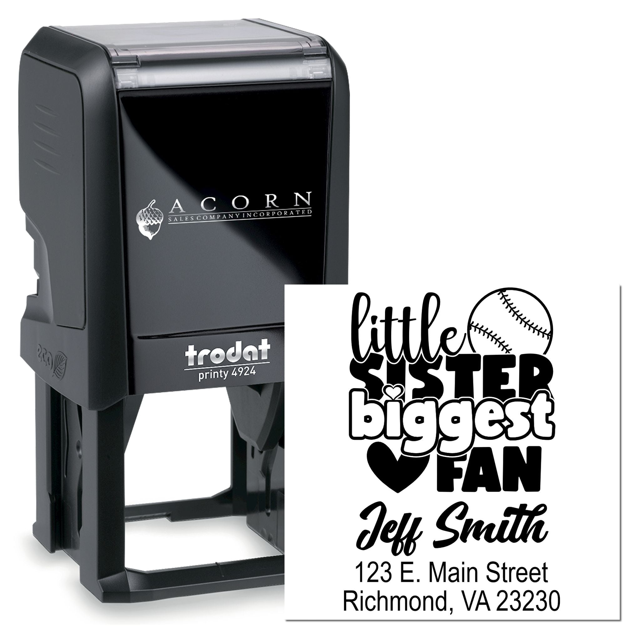 Custom self-inking rubber stamp with Little Sister Biggest Fan design and address, ideal for personalized fan gifts.